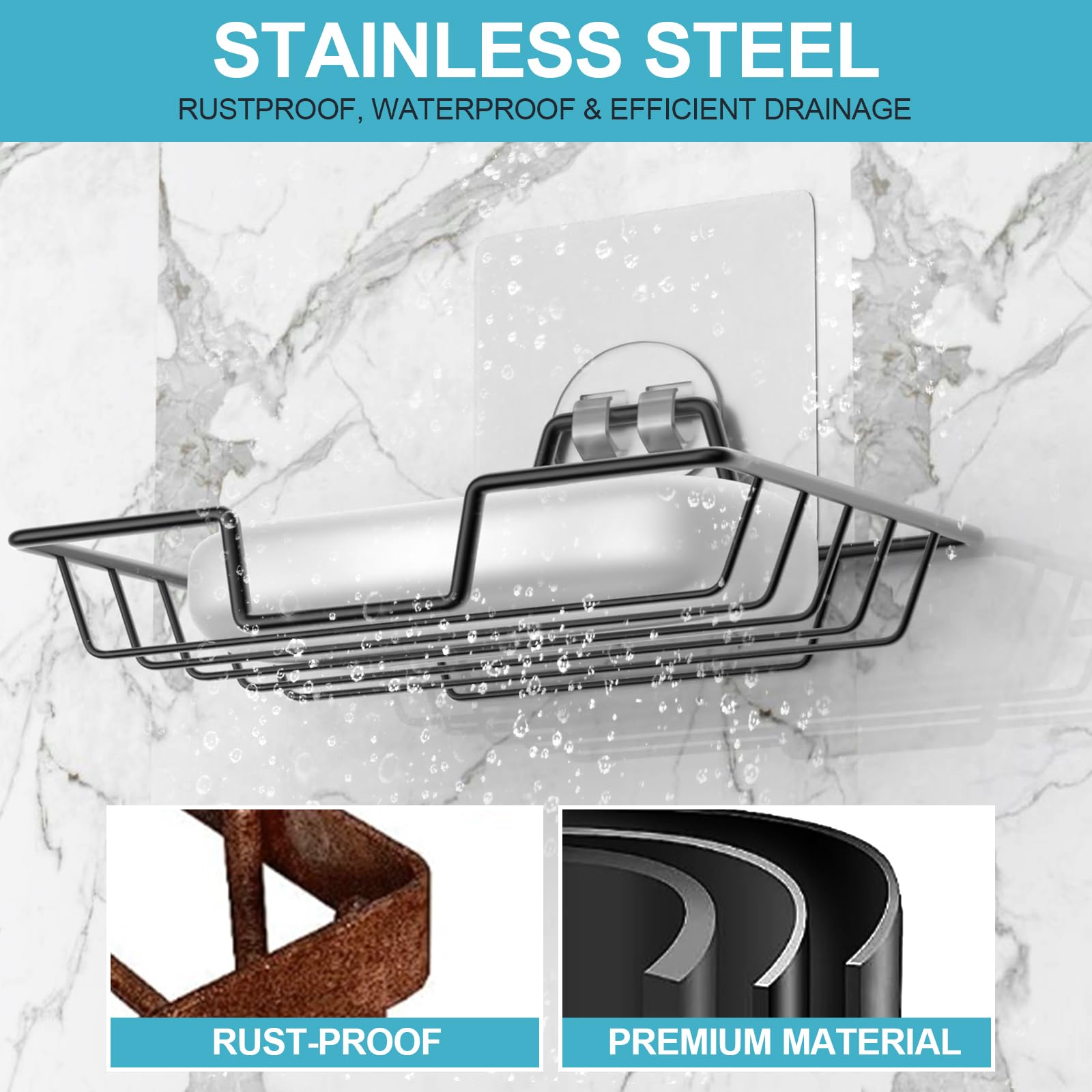 Stainless Steel Soap Dish Holder - No Drill Wall Mount Soap Bar & Sponge Tray - Rustproof 304 Steel for Shower, Kitchen, Bathroom - Farmhouse Style Black Soap Tray - Perfect for Home, RV, Camper & Outdoor Use