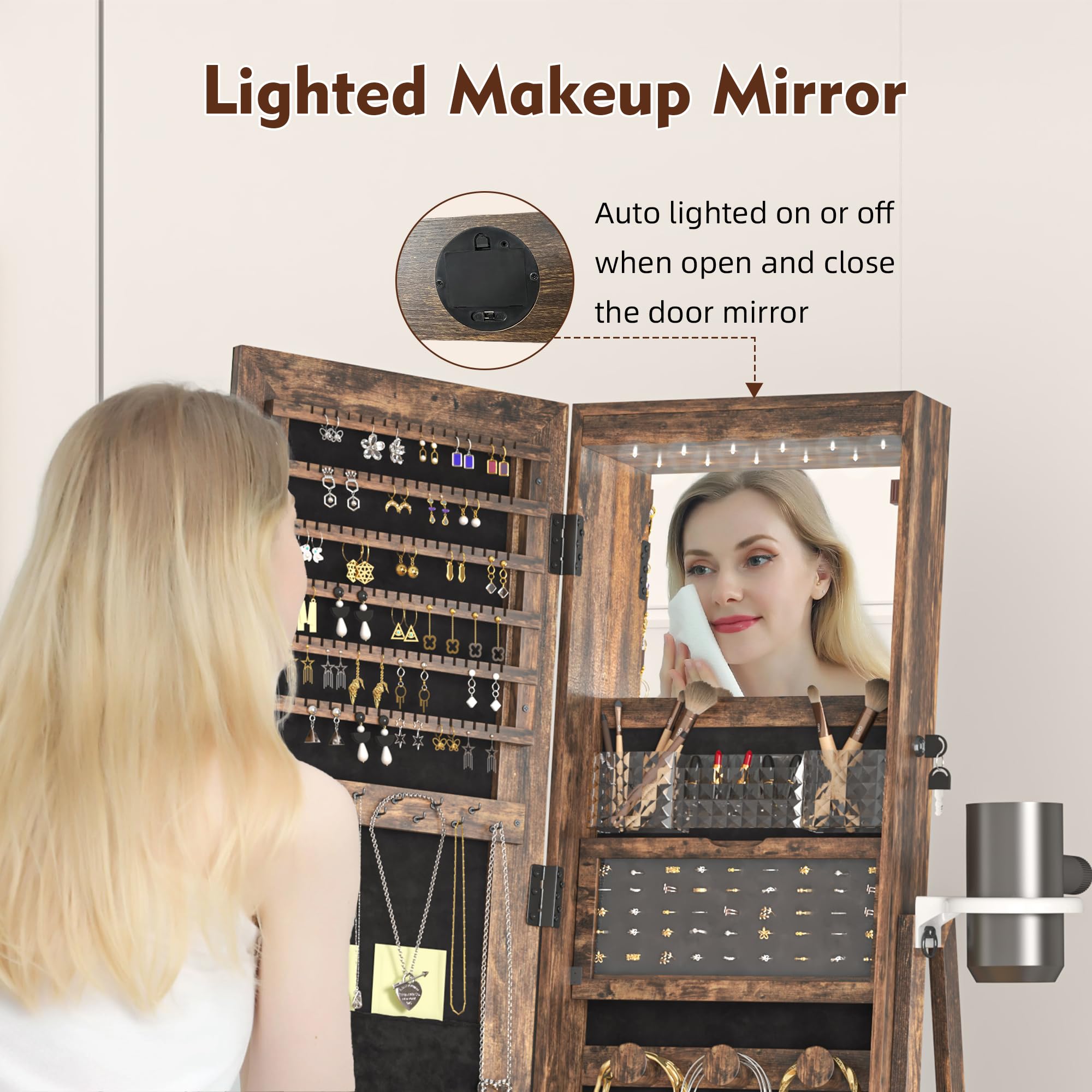 360° Swivel Jewelry Cabinet with Mirror - 6 LED Lights, Rotatable Full Length Mirror & Jewelry Storage Shelf | Standing Jewelry Armoire Organizer for Bedroom, Closet & Dressing Room Decor