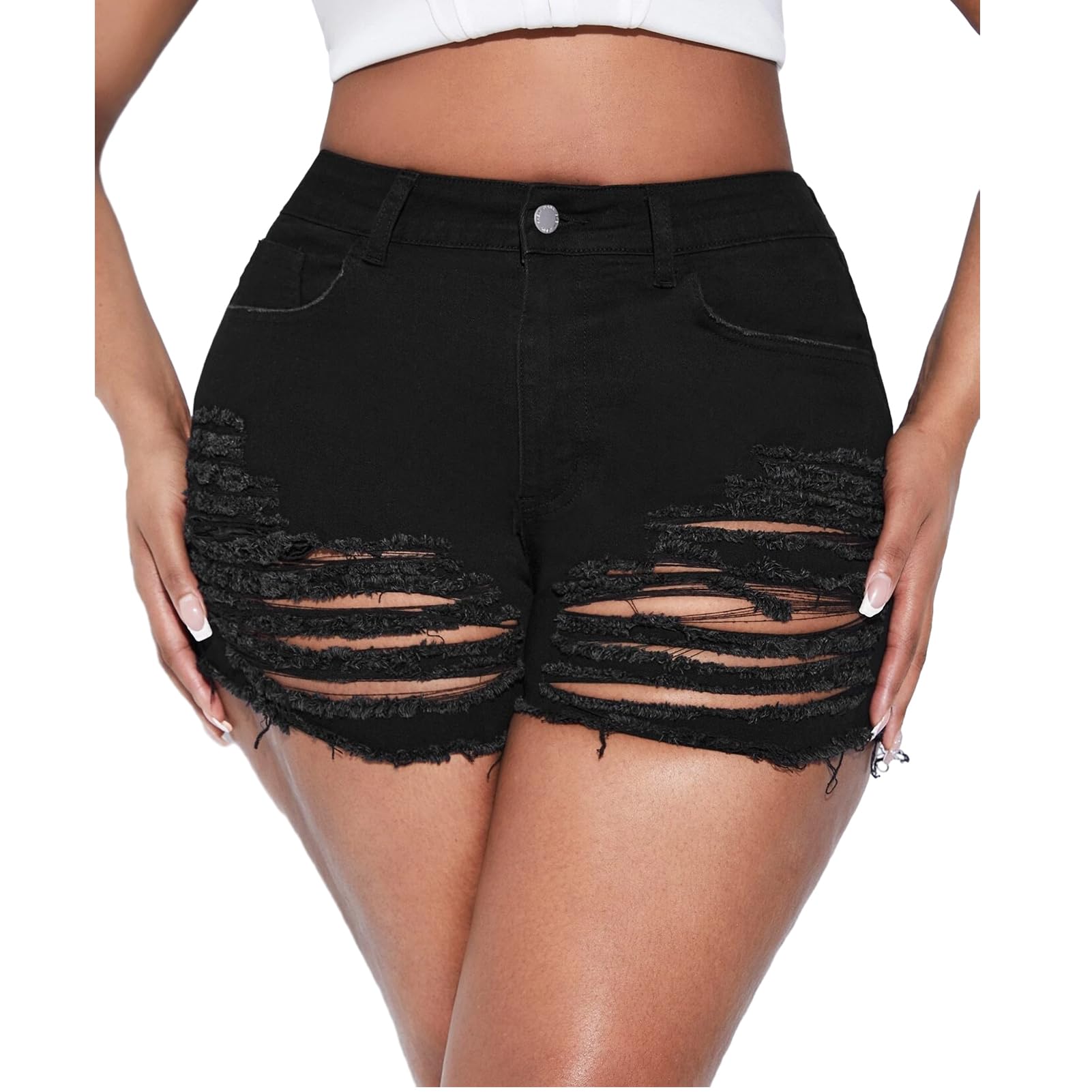 MapleHub Plus Size Women's Ripped Denim Jean Shorts - High Waisted Stretchy Folded Hem Distressed Denim Shorts for Casual Wear, Summer Outfits & Street Style Fashion