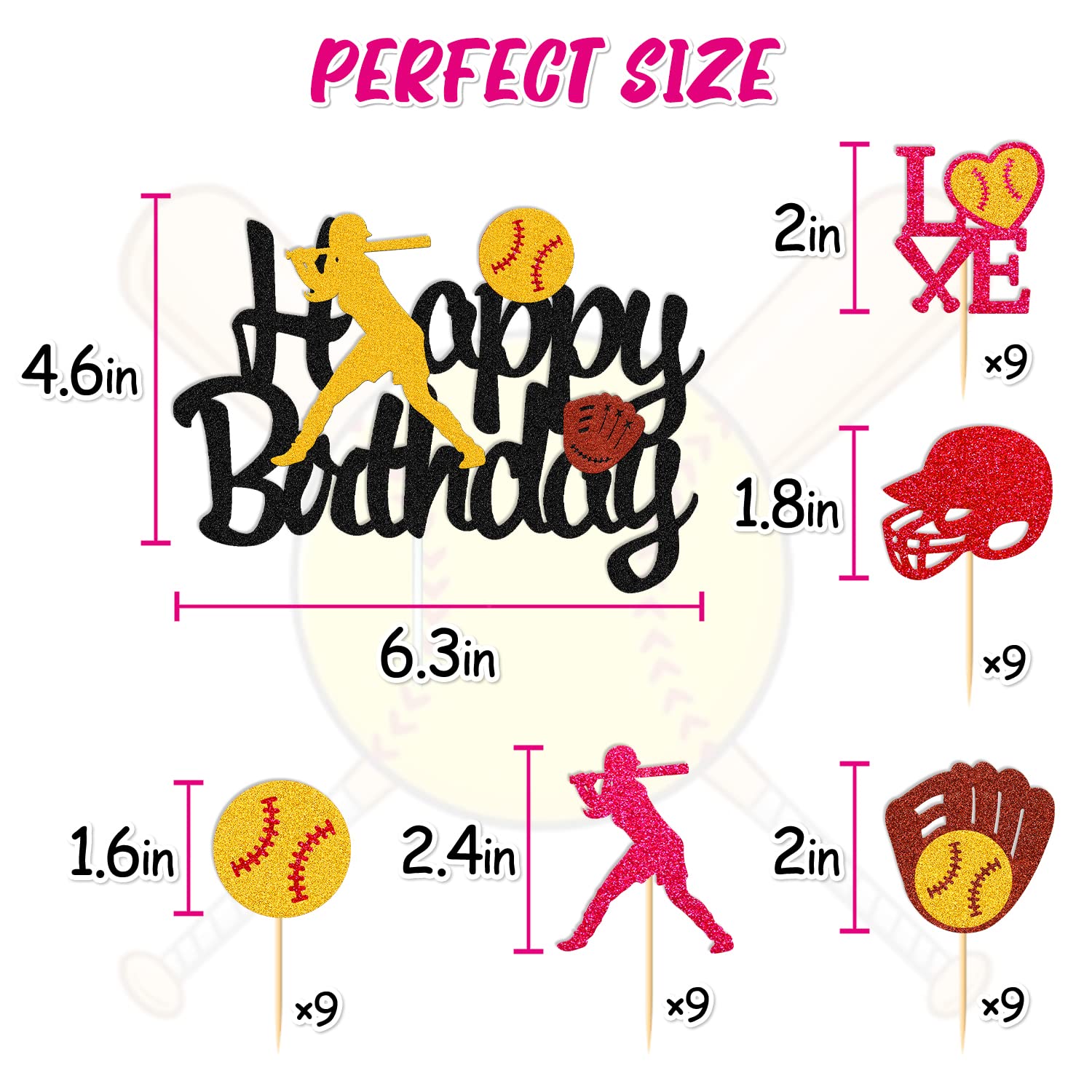 46 Pcs Softball Cupcake Toppers - Fastpitch Pitcher Baseball Sports Theme Decorations for Girls & Boys Birthday Parties - Perfect for Cake, Cupcake, and Dessert Decorations at Sports-Themed Celebrations