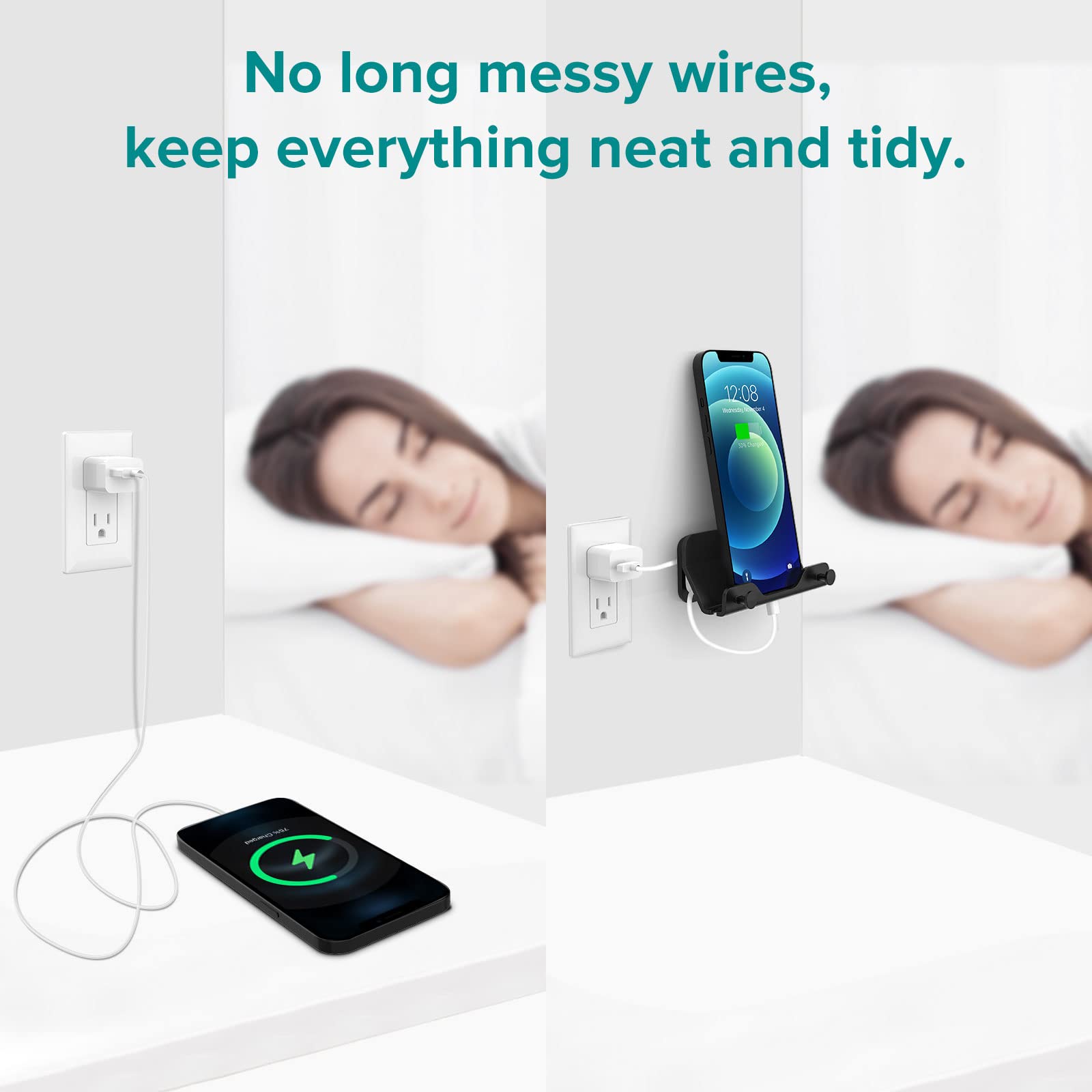 HomeMount Wall Mount Phone Holder - Hands Free Adhesive Phone Stand for Bedroom, Living Room, Kitchen | Universal Compatible with All Smartphones & Mini iPads (Black) - Perfect for Nightstand, Work Desk, Bathroom & Car Use