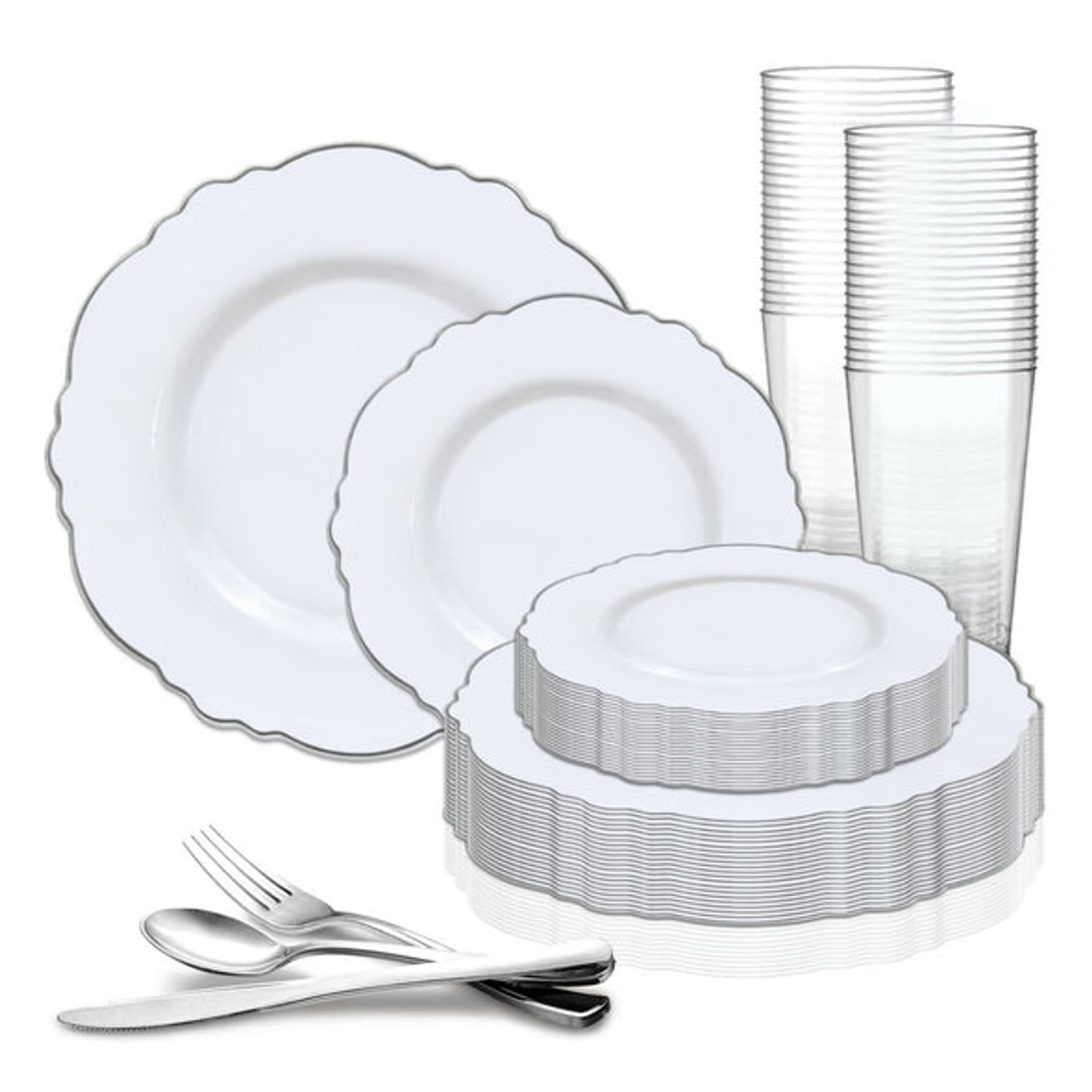 Elegant Heavy Duty Disposable Plastic Dinnerware Sets - Blossom Rim Design Plates for Wedding, Birthday Party & Special Events (White with Silver, 60-Piece Value Set) | Perfect for Outdoor Catering, Banquets & Large Gatherings