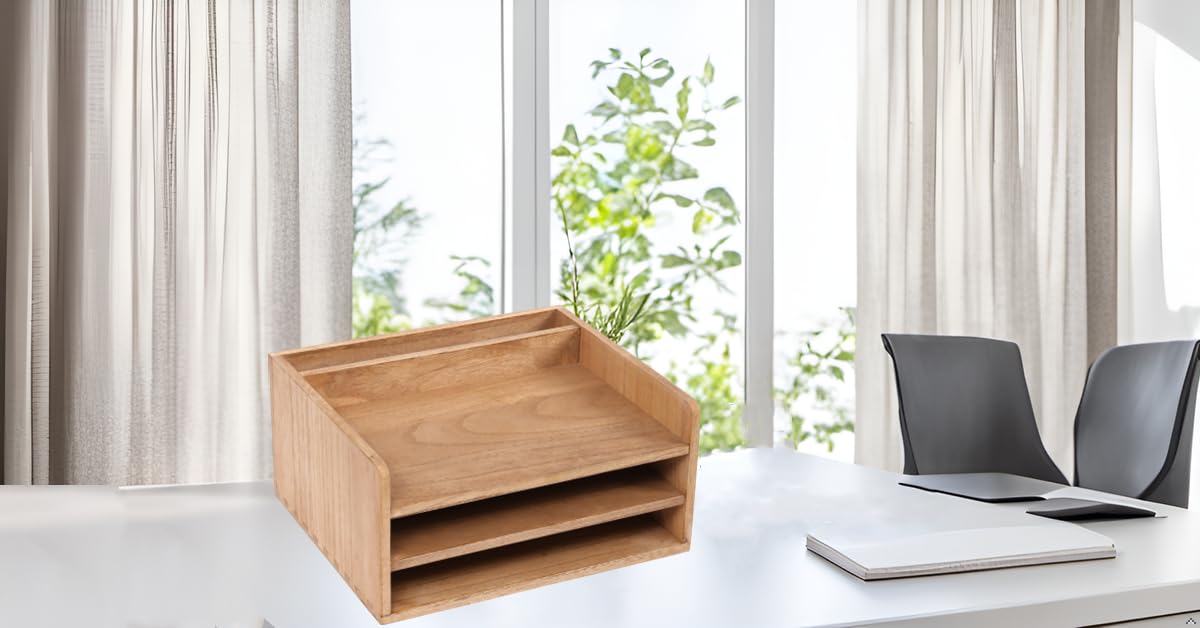 3 Tier Wooden Desktop Letter Tray - Office Desk Organizer with File Folder Holder | Paper Document Mail Sorter for Workspace, Counter & Bookshelf Storage | Perfect for Home Office, School & Professional Workspaces