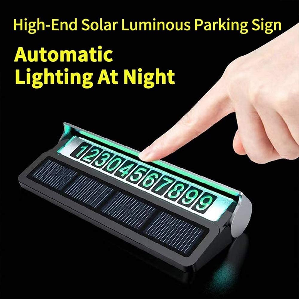 Solar Powered Temporary Parking Sign - Glow in the Dark Car Phone Number Plate with Durable PC Material | Easy to Install Interior Accessory for Luxury Vehicles | Perfect for Street Parking, Valet Services & Driveway Use