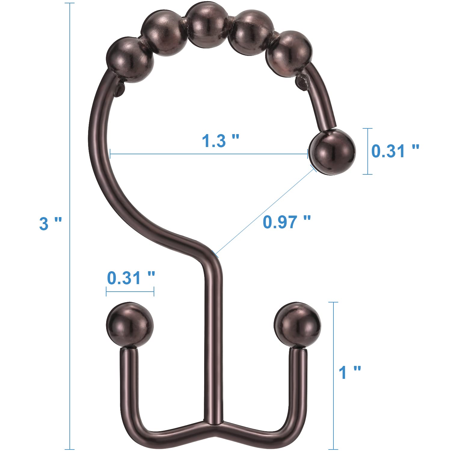 TENOVEL 12-Pack Rust-Proof Double Sided Shower Curtain Hooks - Durable Stainless Steel Bathroom Shower Rings for Rods & Curtains (Bronze) - Perfect for Bathroom, Spa, and RV Shower Organization