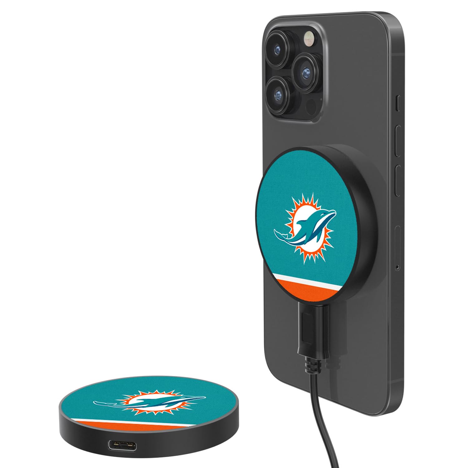 Miami Dolphins 10W Fast Wireless Magnetic Charger with Stripe Design - Perfect for iPhone, Android & Office Use