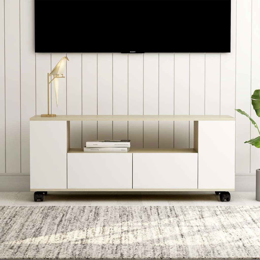 Modern TV Stand with Electric Fireplace - 50 Inch TV Cabinet in White & Sonoma Oak (47.2