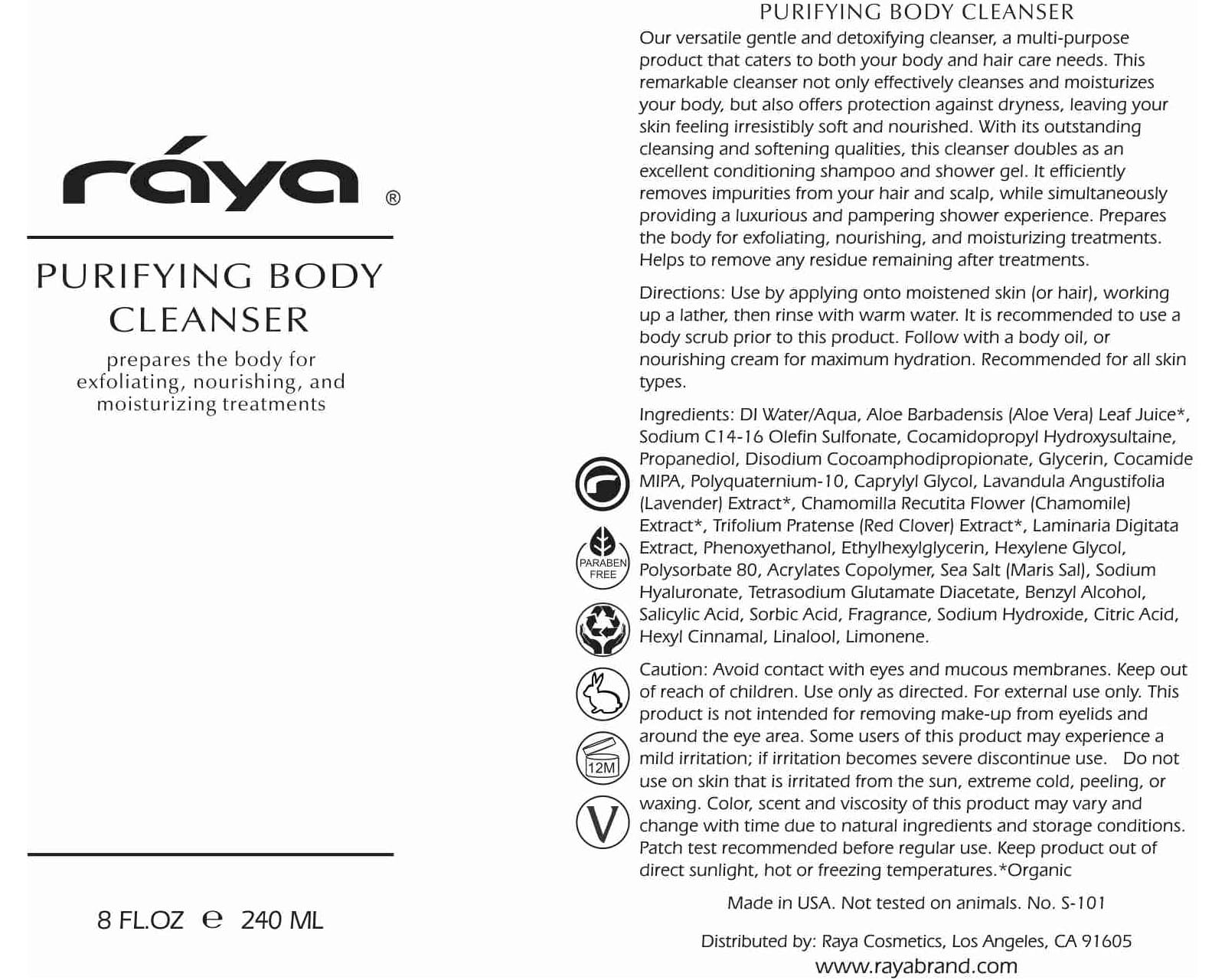 Raya Purifying Body Cleanser 16 oz - Gentle Moisturizing Body Wash & Hair Shampoo for All Skin Types | Softens, Nourishes Skin & Scalp | Perfect for Daily Shower, Spa Day & Travel Essentials