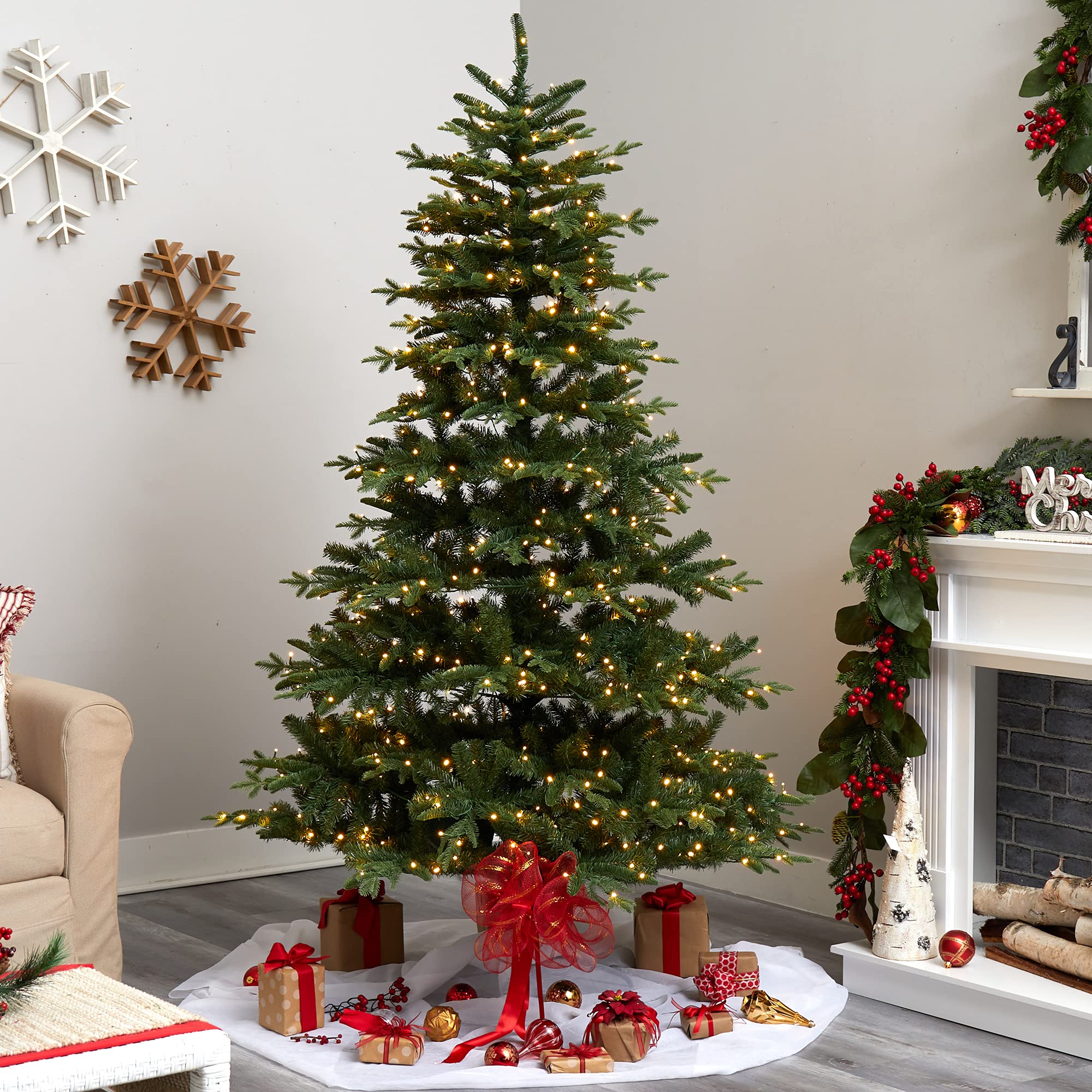 Nearly Natural 7ft Montreal Spruce Artificial Christmas Tree - 650 Warm White LED Lights & 1575 Bendable Branches | Perfect for Holiday Home Decor, Office, and Party Celebrations
