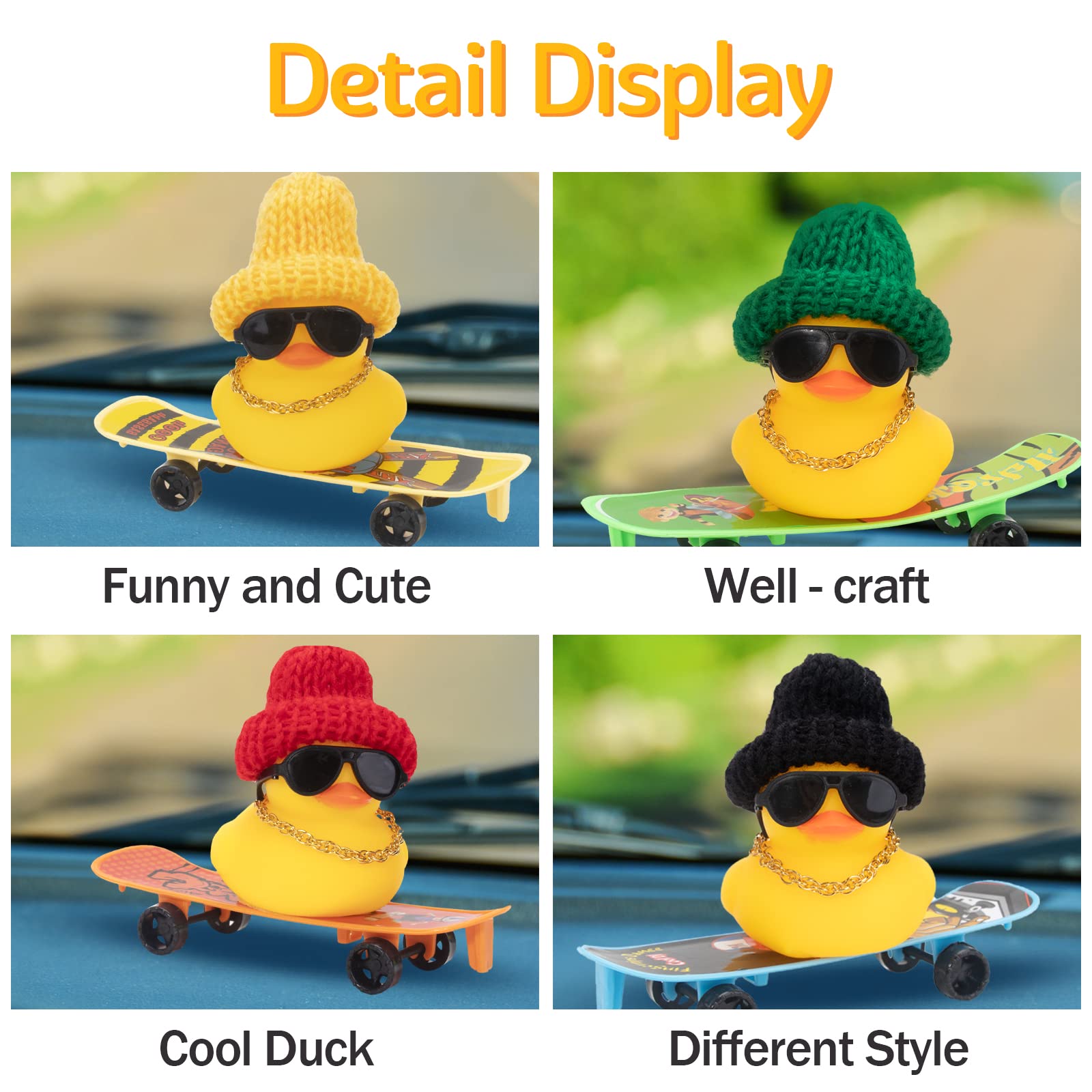 Wonuu Car Duck Ornament - Rubber Duck Dashboard Decoration with Mini Hat, Necklace, Sunglasses, Chair & Skateboard - Perfect for Car Interior Accessories and Fun Dashboard Decor