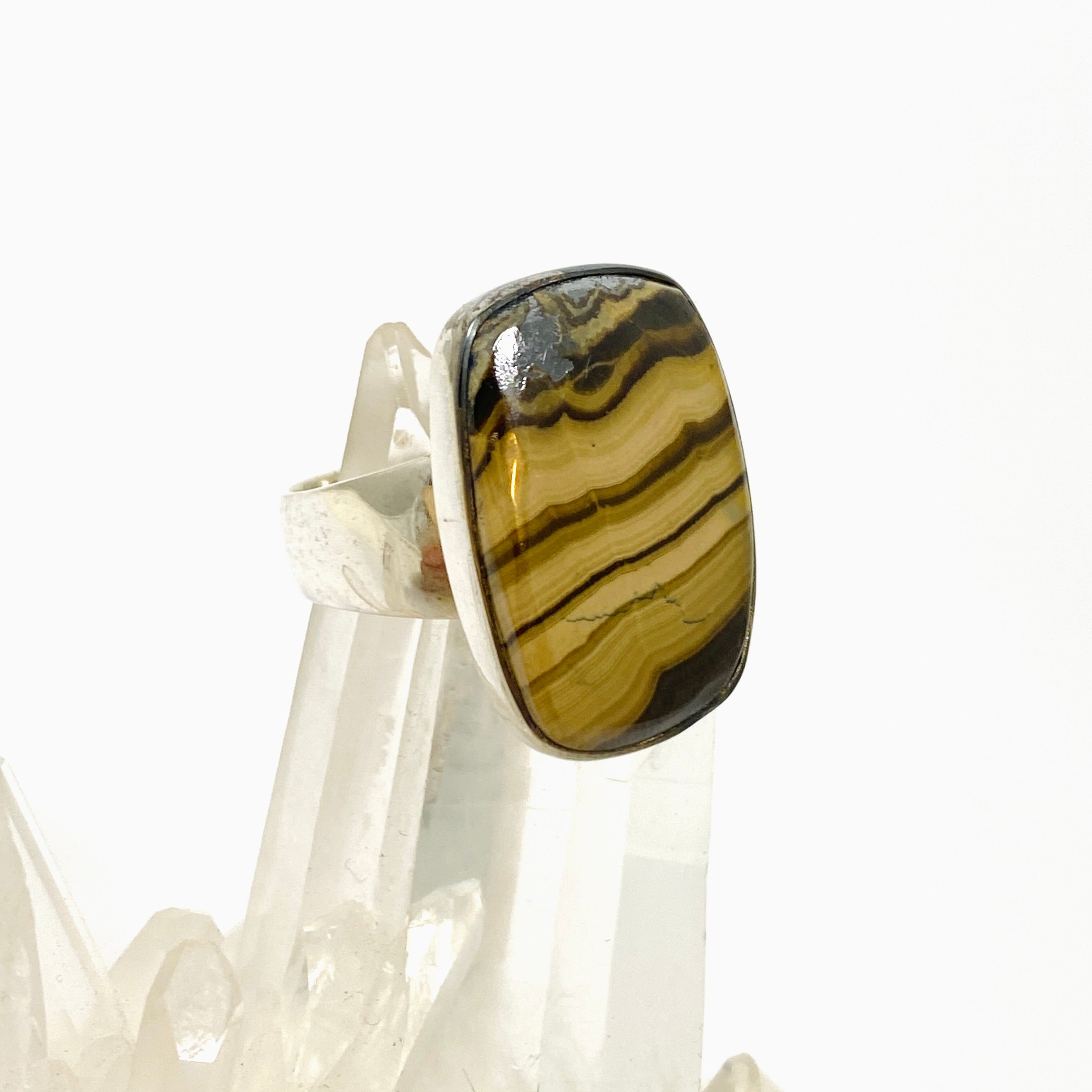 Schalenblende Rectangular Cabochon Ring - Size 8 - KRGJ3392 - Elegant Handmade Jewelry for Women, Perfect for Weddings, Parties & Special Occasions