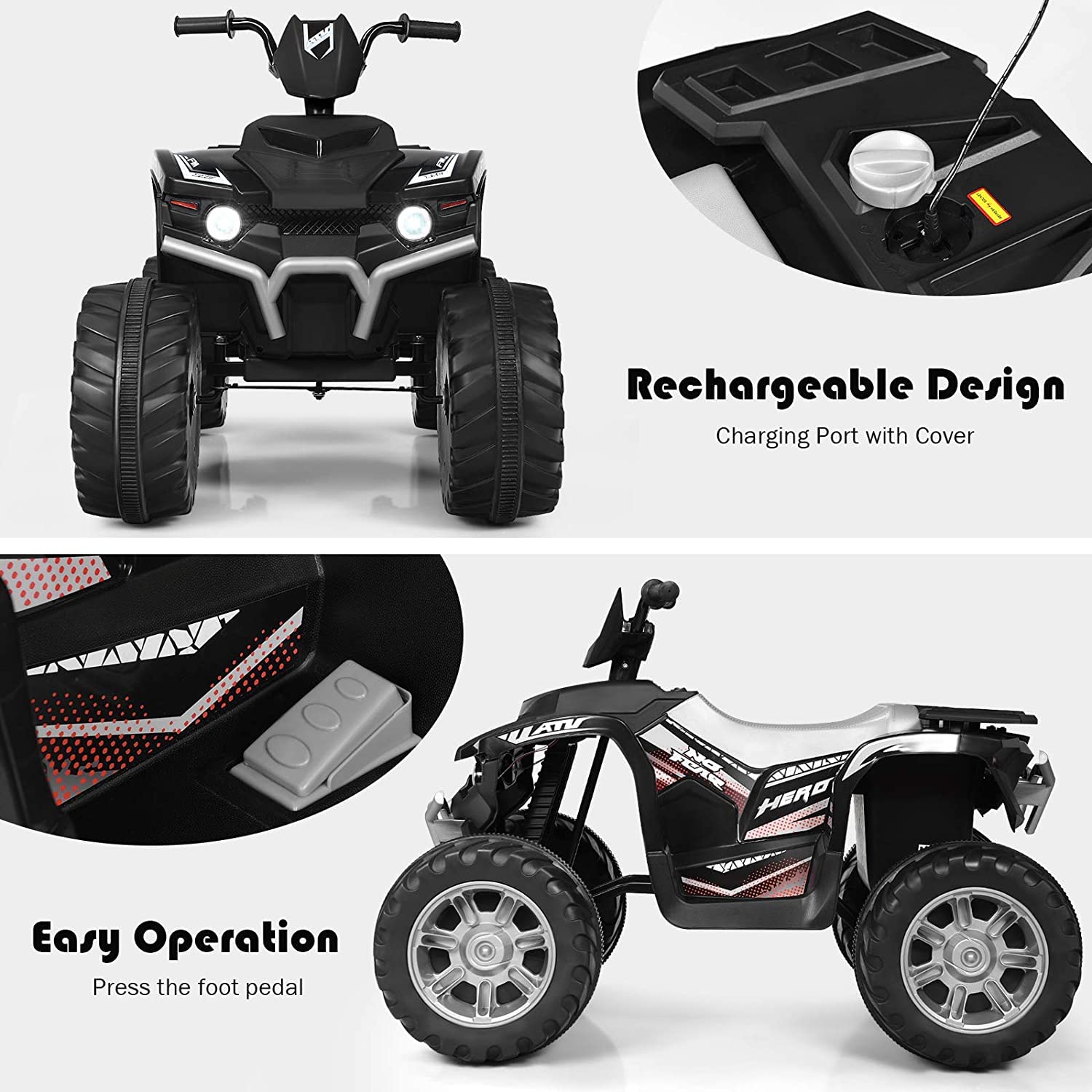 OLAKIDS 12V Kids Electric ATV Ride-On Toy Car - 4 Wheeler Battery Powered Motorized Quad for Boys & Girls with LED Lights, Music, Horn & Dual Speed - Perfect for Indoor & Outdoor Play (Black)