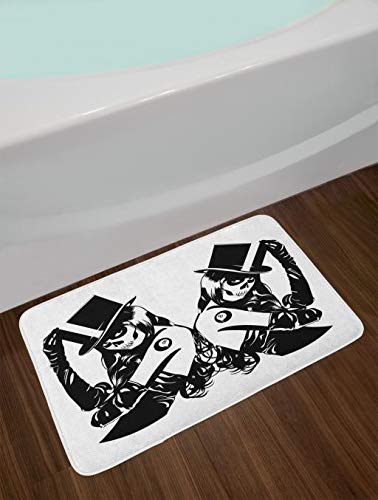 Gothic Sugar Skull Bath Mat with Non-Slip Backing - Symmetrical Billiard Ball Lucky Tattoo Design - Plush Black & White Bathroom Decor (30.2