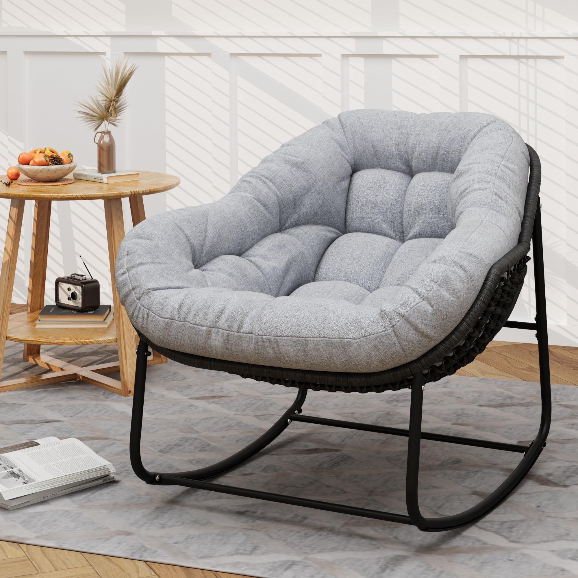 Premium Outdoor Rocking Chair - Wicker Egg Chair for Patio & Garden - Oversized Comfy Papasan Chair with Padded Cushion - Royal Rattan Rocker for Indoor/Outdoor Use - Perfect for Front Porch, Backyard, Balcony & Sunroom (Light Grey) - Relaxing Reading Nook & Cozy Conversation Spot