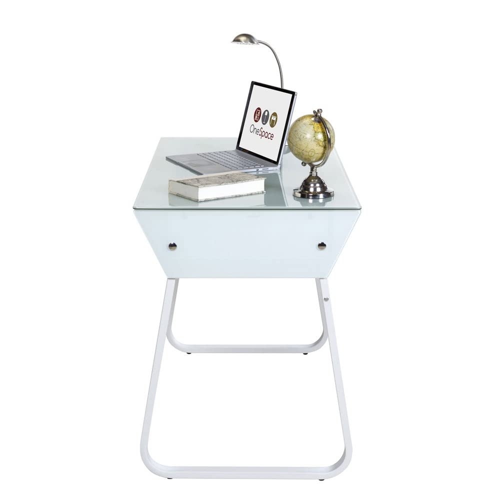 OneSpace Ultramodern Glass Computer Desk with Drawers - White Medium Size Home Office Desk for Work & Study - Perfect for Small Spaces, Gaming Setup & Modern Home Office