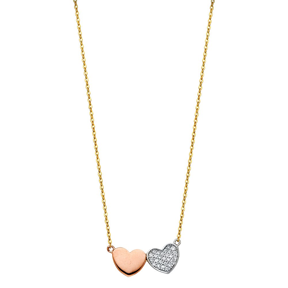 14K Yellow Gold Double Heart Cubic Zirconia Necklace for Women - 17+1