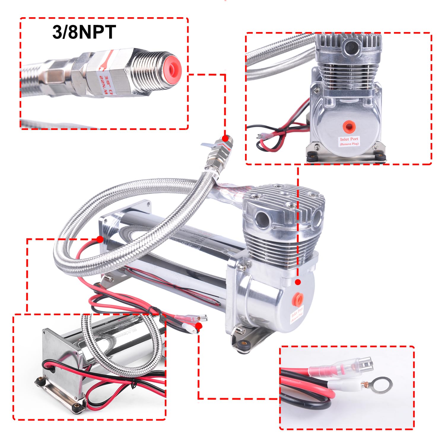 2PCS 200PSI Heavy Duty Air Compressor for Train Horn & Air Ride Suspension - 3/8 NPT 12V Silver - Perfect for Trucks, Cars & Motorcycles (Great for Off-Roading & Emergency Signaling)