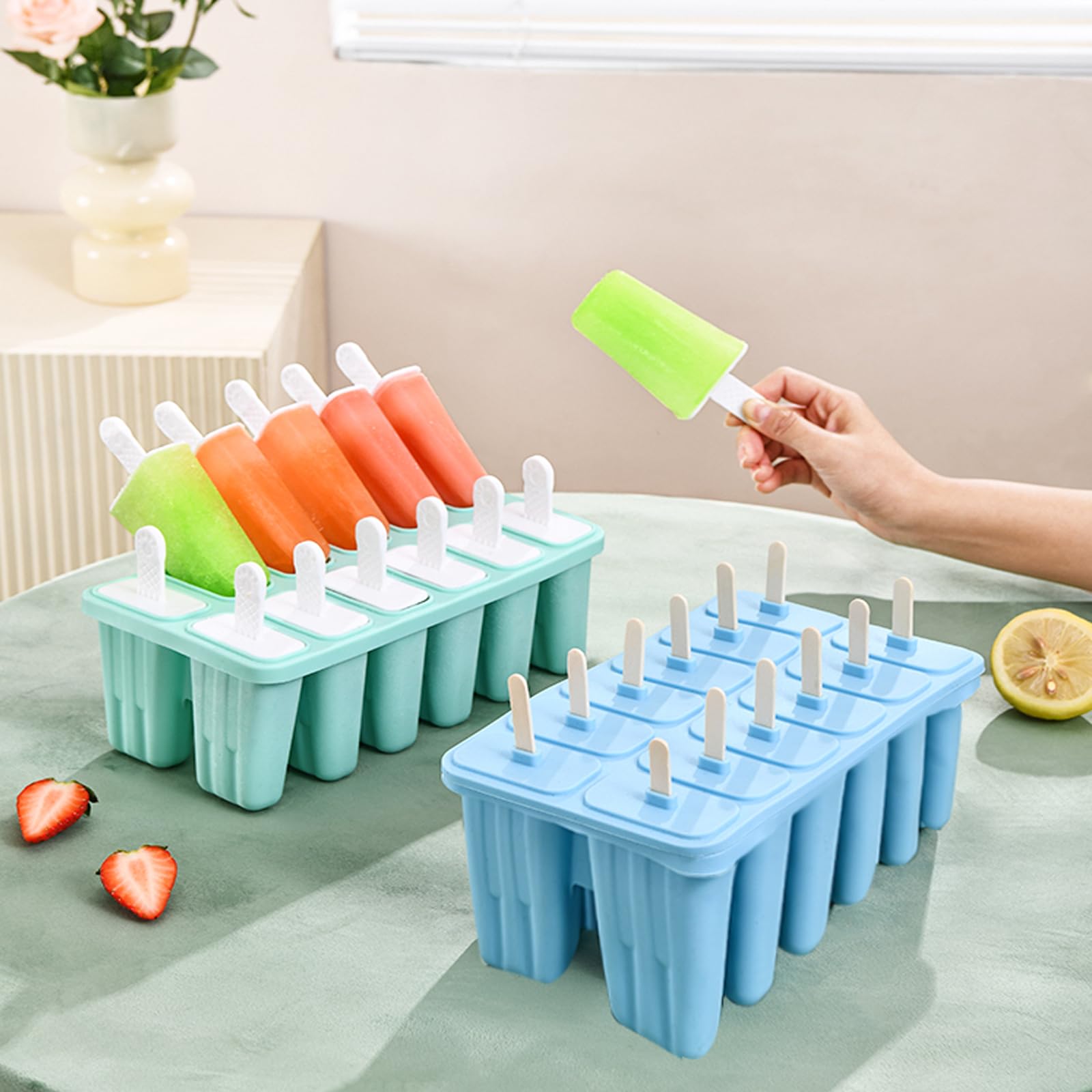 Wpunwen 12 Cavity Silicone Popsicle Molds with Sticks - Reusable Ice Cream Molds Set Includes 50 Sticks, 50 Bags & Cleaning Brush (Blue) - Perfect for Summer Treats, Kids Snacks & Homemade Frozen Desserts