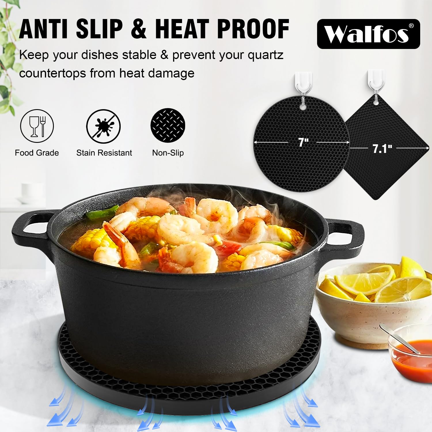 Walfos Silicone Trivet Mats - Set of 4 Heat Resistant Kitchen Pot Holders, Non-Slip Hot Pads for Cooking, Serving & Countertop Protection | BPA-Free Food Grade Silicone (Black) | Perfect for Hot Dishes, Jar Opening & Utensil Organization
