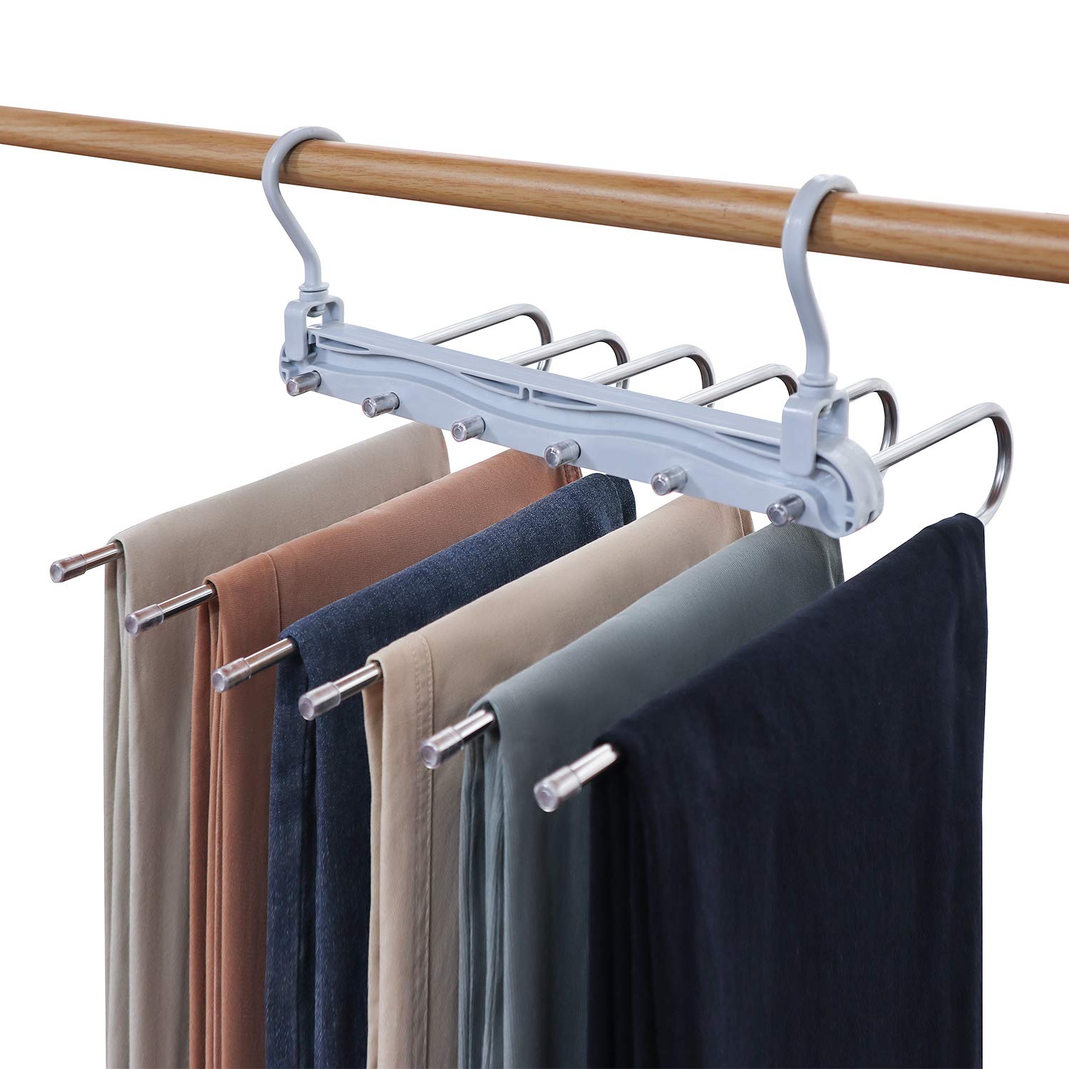 Niclogi 6-Layer Space Saving Pants Hangers - 2 Pack Stainless Steel Folding Closet Organizer for Pants, Slacks, Jeans & Towels (Grey) | Multi-Functional Wardrobe Storage Solution for Home, Office & Travel