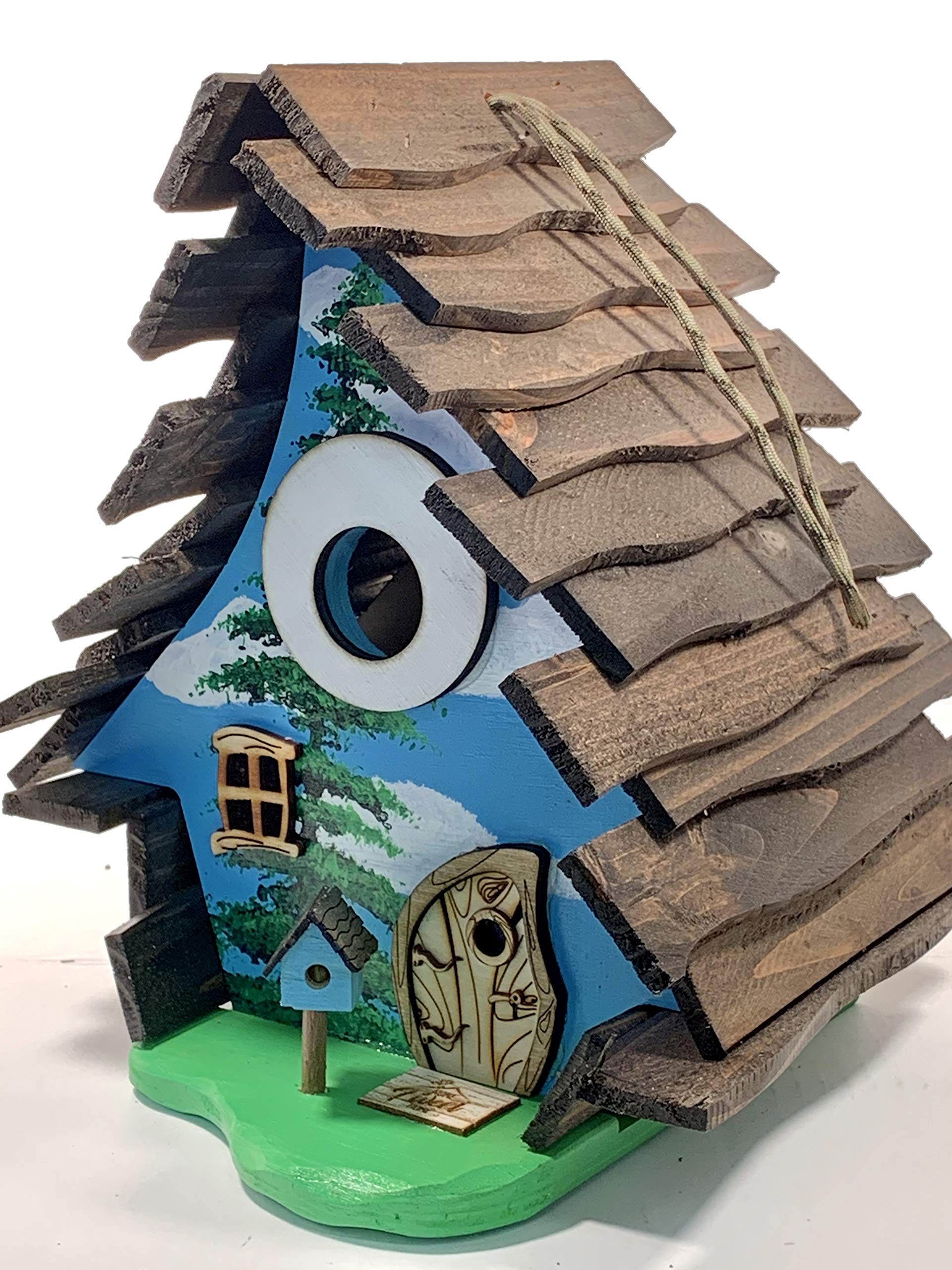 Blue Bird House for Outside Hanging - Weatherproof Wooden Birdhouse with Happy Tree Design - Attract Wild Birds to Your Garden, Backyard or Patio