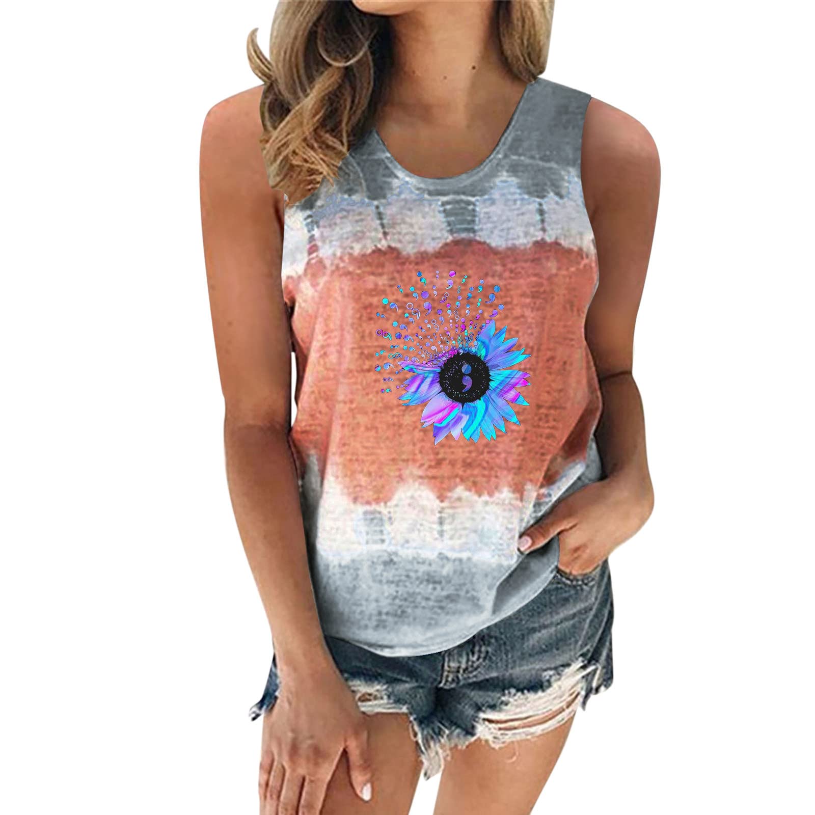 Women's Summer V-Neck Sleeveless T-Shirt - Casual Dandelion Print Blouse with Round Neck Tie for Women | Perfect for Beach Outings, Vacation Wear & Casual Everyday Fashion