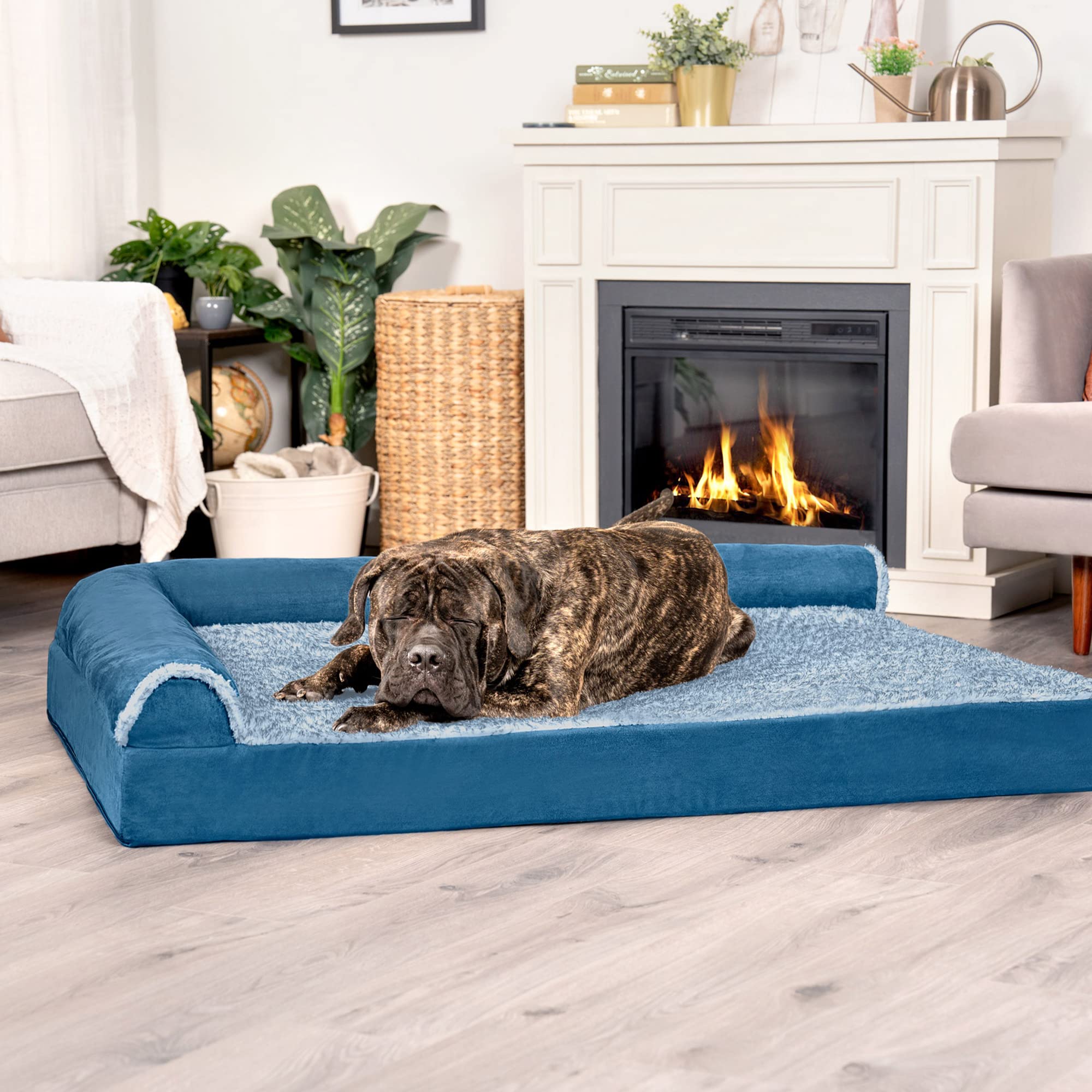Furhaven Cooling Gel Dog Bed for Large Dogs up to 125 lbs - Removable Bolsters & Washable Cover - Two-Tone Plush Faux Fur & Suede L-Shaped Chaise - Marine Blue, Jumbo Plus/XXL - Perfect for Hot Weather, Arthritis Relief & Comfortable Sleeping