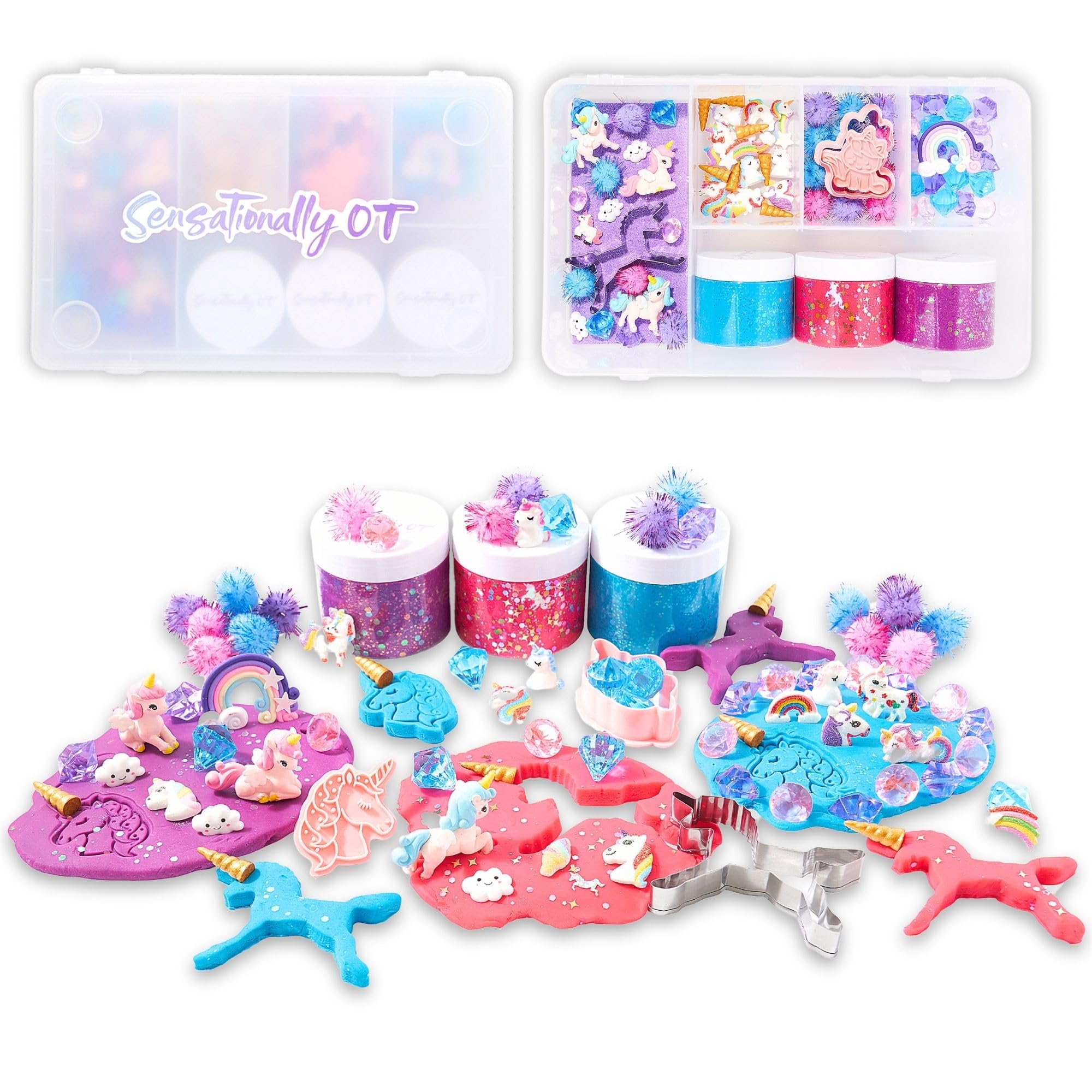 **Unicorn Sensory Dough Kit (3 Jars) – Non-Toxic Play Dough with Unicorn Cutters, Charms, Rainbow, Pom Poms, Diamonds & Gems – Stackable Storage – Creative Play & Gift for Kids – Perfect for Birthday Parties, Sensory Play & Preschool Activities**