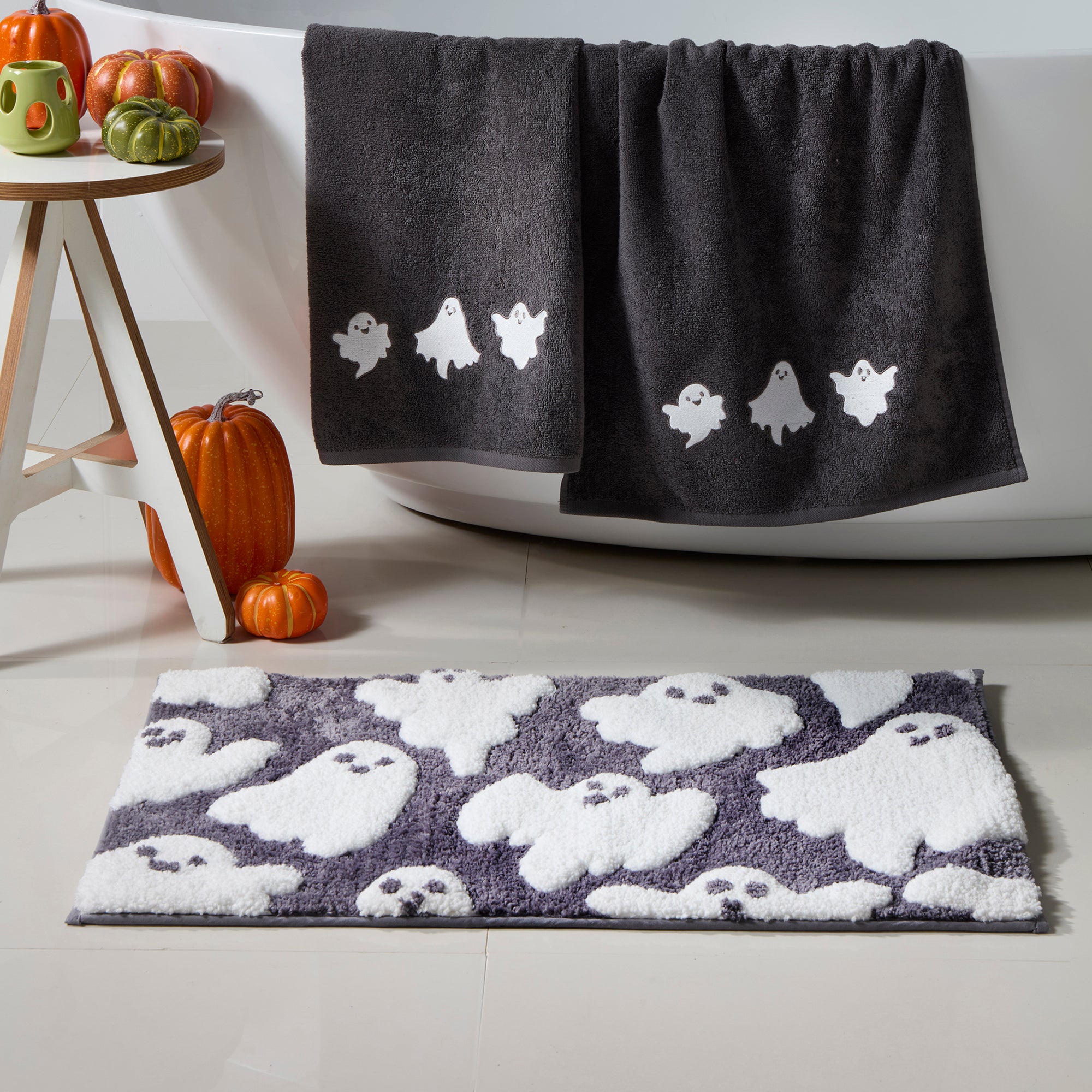 Fusion Spooky Ghosts Bath Mat - Soft Non-Slip Grey Bathroom Rug for Halloween Decor, Kids & Adults - Perfect for Bathroom, Shower, and Laundry Room Floor