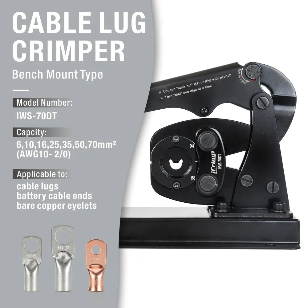 Heavy Duty Battery Lug Crimper for Copper & Aluminum Lugs (6-70mm², AWG 10-2/0) - Bench Mount Hexagonal Crimping Tool for Electrical Wiring, Automotive, Marine & Solar Applications