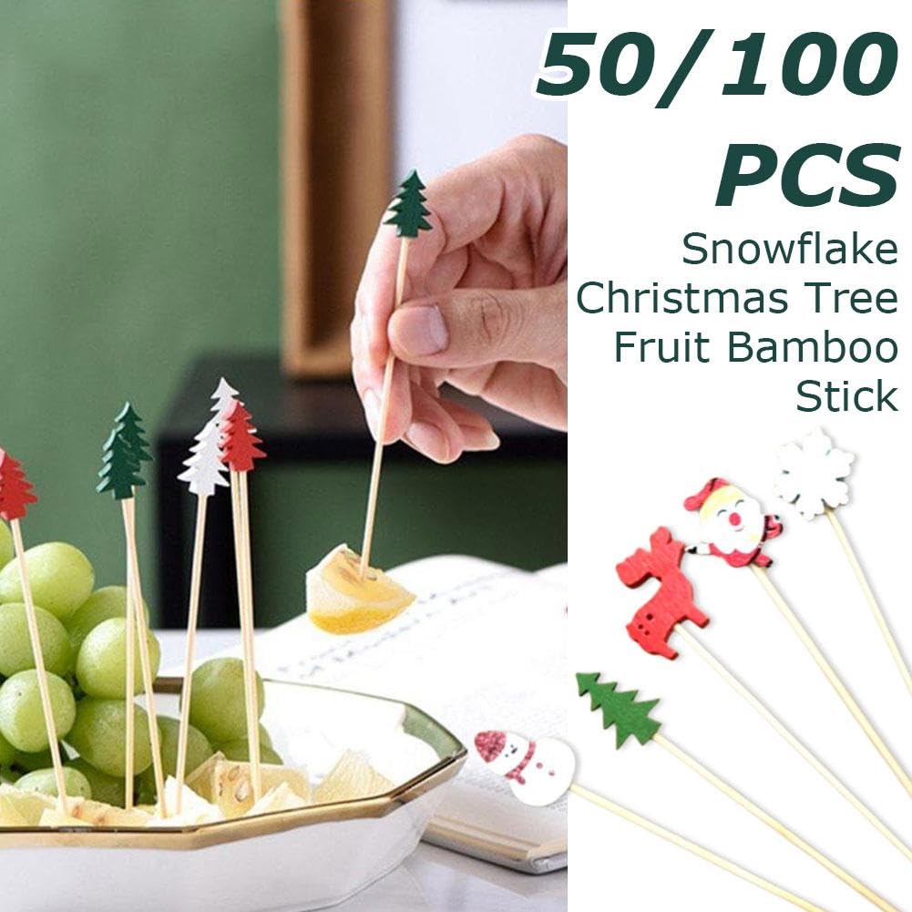 100PCS Christmas Cocktail Picks - Snowflake & Snowman Bamboo Appetizer Toothpicks for Holiday Drinks, Snacks & Fruit | Perfect for Christmas Parties, Charcuterie Boards & Festive Food Decorations