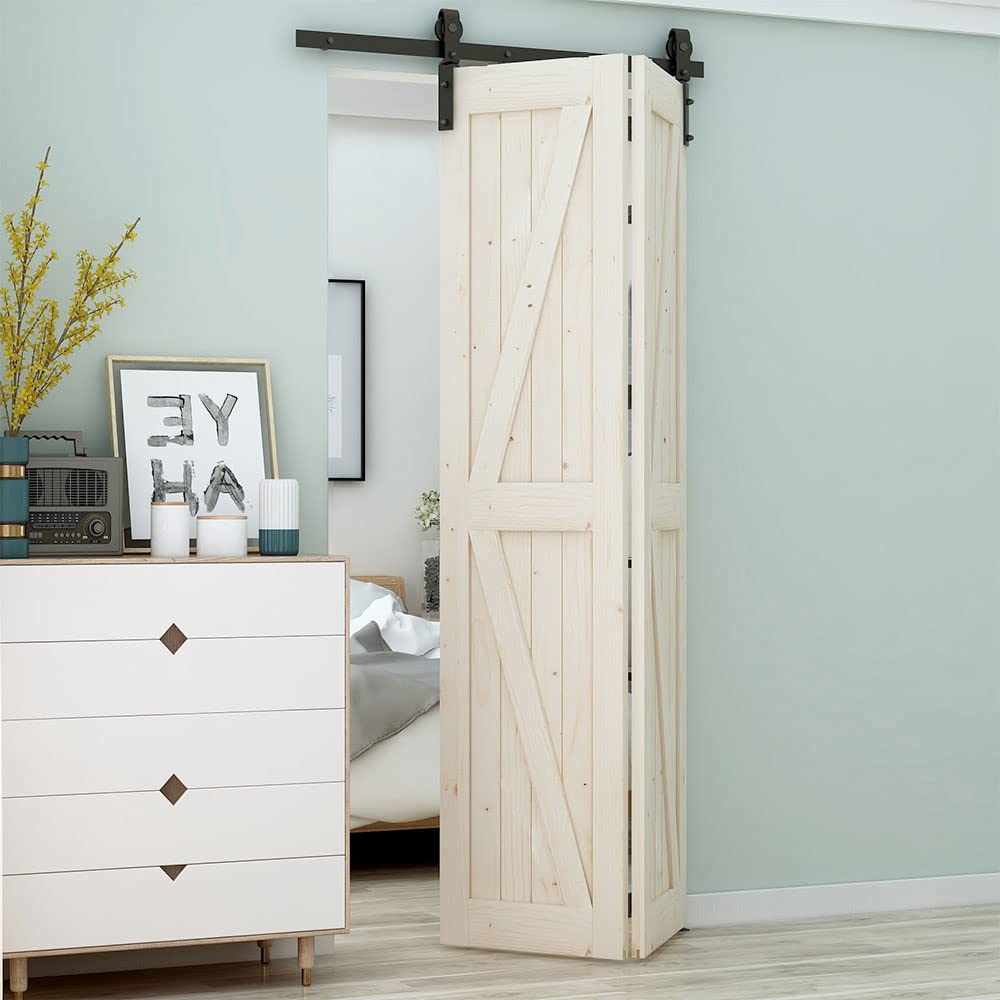 5FT Heavy Duty Bi-Folding Sliding Barn Door Hardware Kit - Smooth & Quiet Operation, Easy Installation for 2 Doors (No Door Included) - Perfect for Bedroom Closets, Pantries and Home Office Spaces