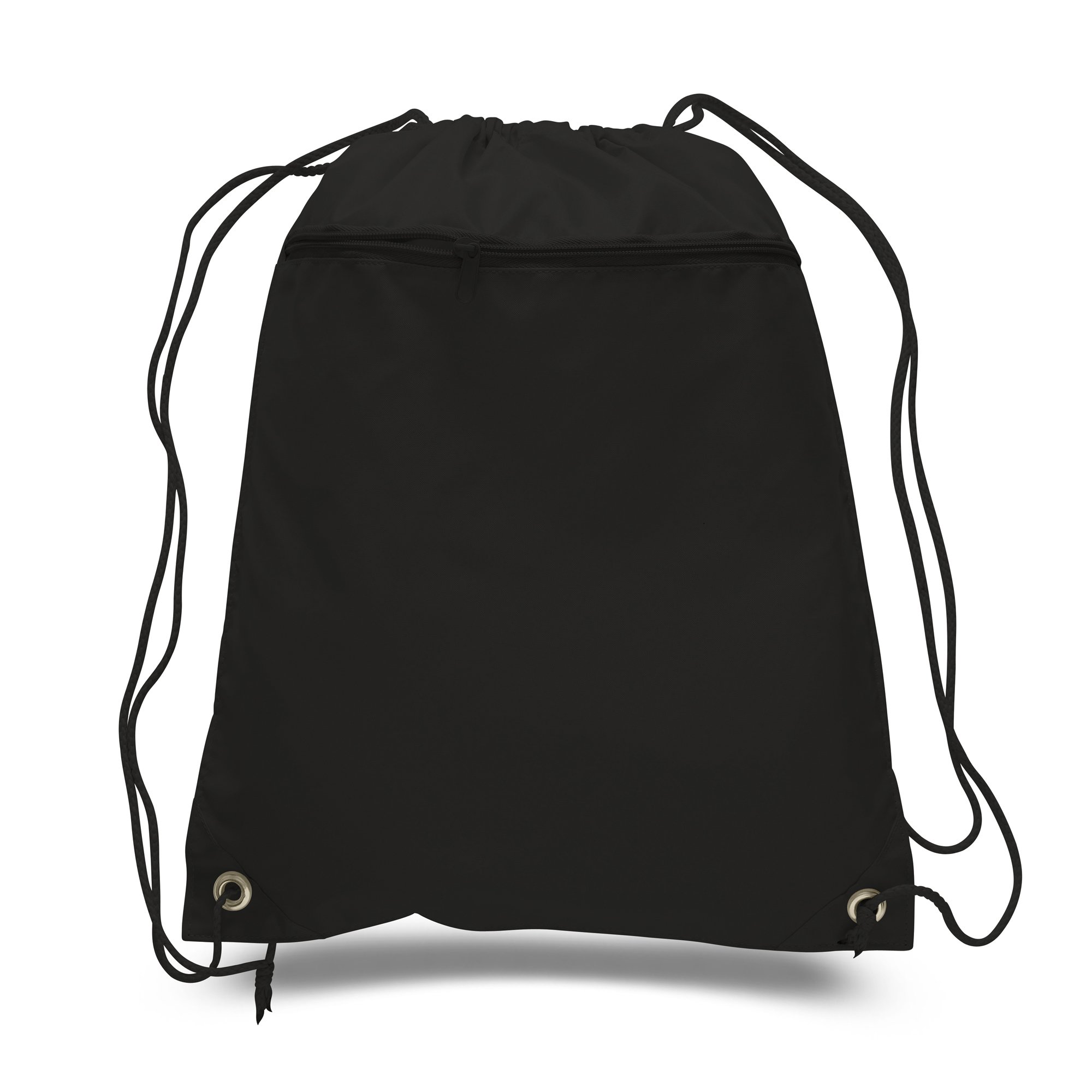 50 Pack Black Multipurpose Polyester Drawstring Backpacks with Front Zipper Pocket - Bulk Wholesale School Bags, Event Giveaways, Tradeshow Promotions & Charity Donations - Lightweight & Durable for Daily Use, Sports & Travel