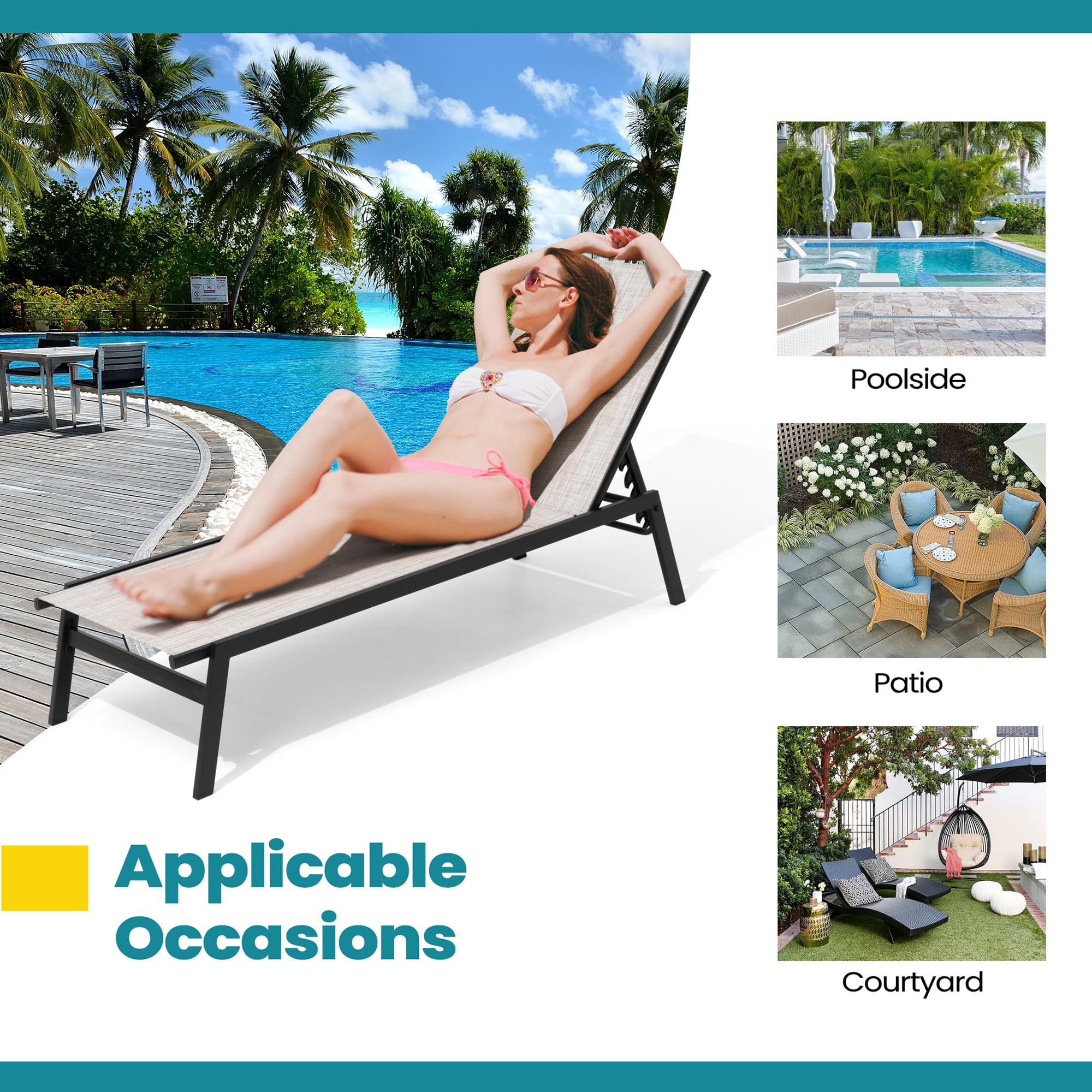 Pellebant Outdoor Lounge Chairs Set of 2 - Adjustable Backrest Patio Chaise Lounges, Rustproof Poolside Sunbathing Chairs for Deck, Beach & Backyard (2-Piece, Beige) | Perfect for Relaxing by the Pool, Garden or Outdoor Spaces