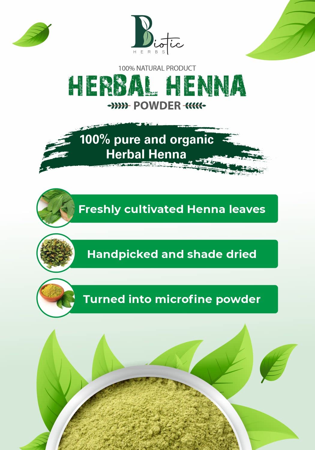 Biotic Herbs 100% Natural Organic Henna Powder for Hair Color & Growth - Reddish Brown Hair Dye (100g) | Safe Chemical-Free Hair Treatment for Natural Coloring, Conditioning & Styling at Home