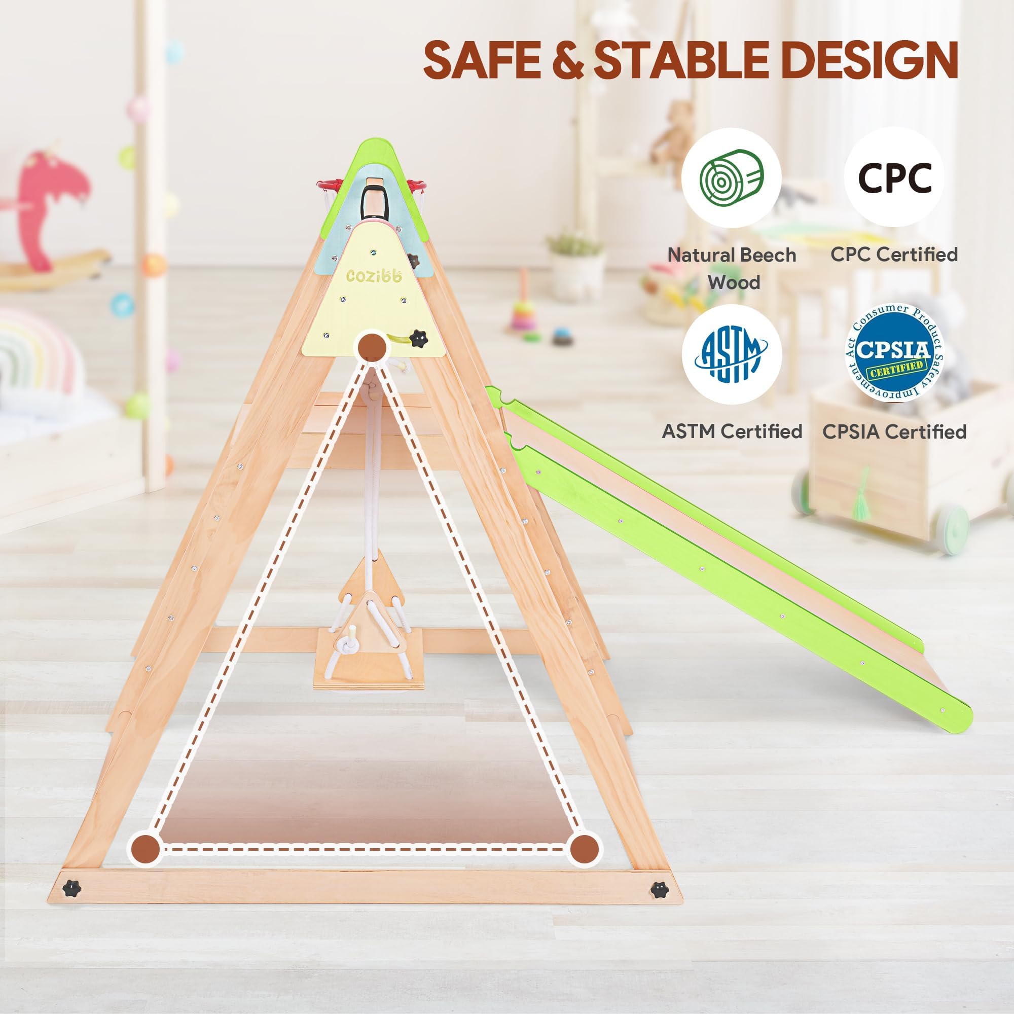 7 in 1 Foldable Indoor Jungle Gym Playset for Toddlers & Kids - Wooden Climbing Structure with Slide, Swing, Ladder & Climbing Wall - Natural Beechwood Montessori Toy for Home Playroom, Nursery or Daycare - Perfect Gift for Active Boys & Girls Ages 1-5 Years Old