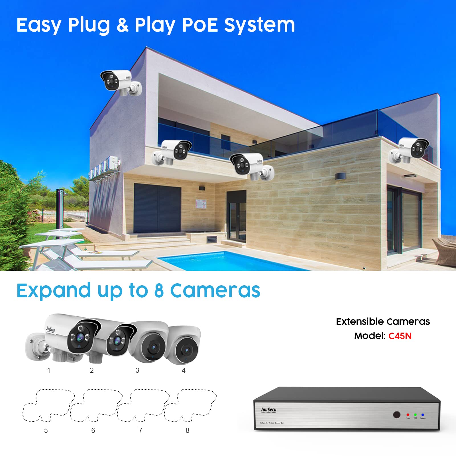 5MP PoE Bullet Security Camera - Waterproof for Outdoor & Indoor Use - Compatible with Jousecu PoE NVR System (N2441/N2440/N2482) - Ideal for Home, Office & Business Surveillance