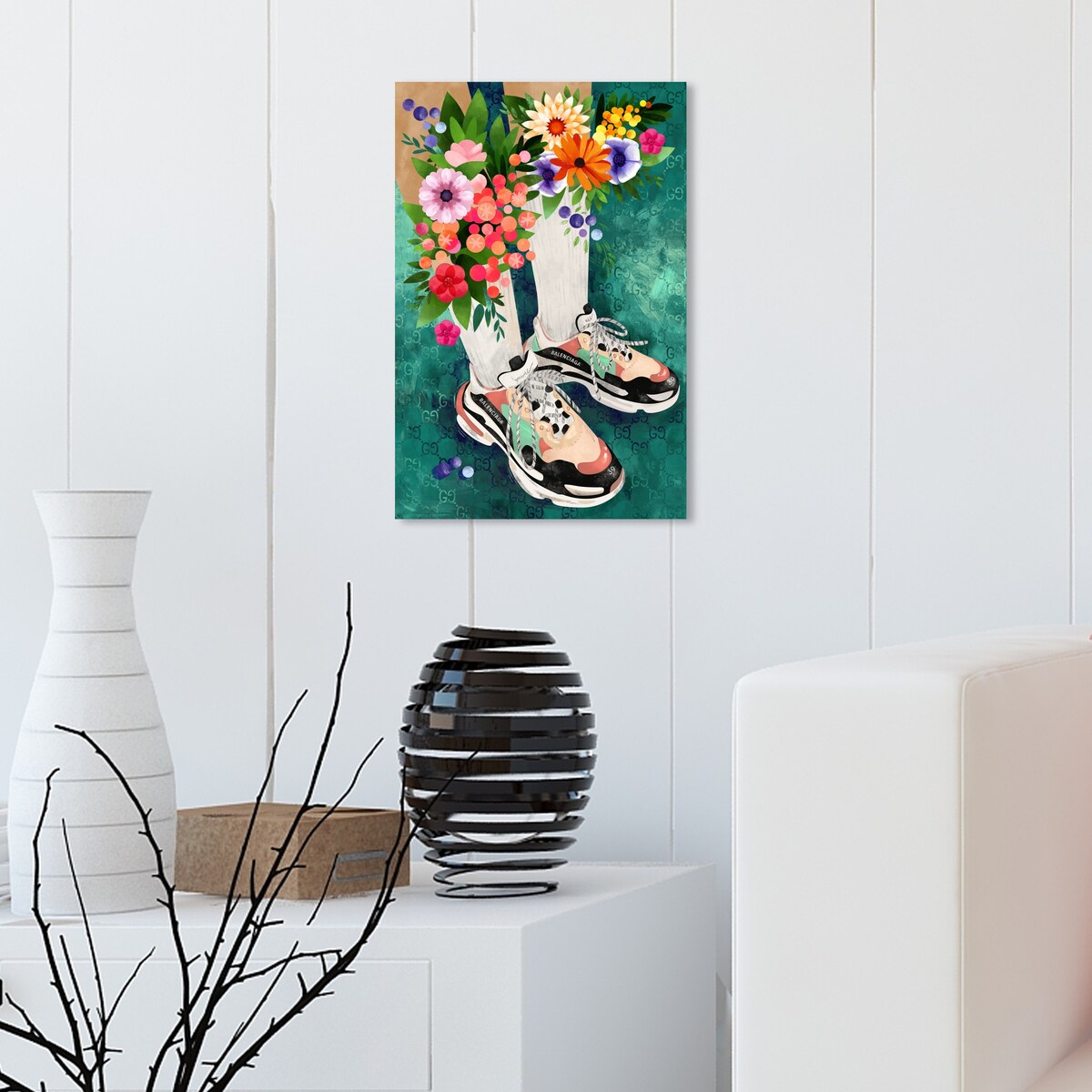 Stylish Floral Sneakers & Socks Set - Modern Green Canvas Wall Art Print for Bedroom Decor | Trendy Outfit Combo for Women, Fashionable Home & Office Wear