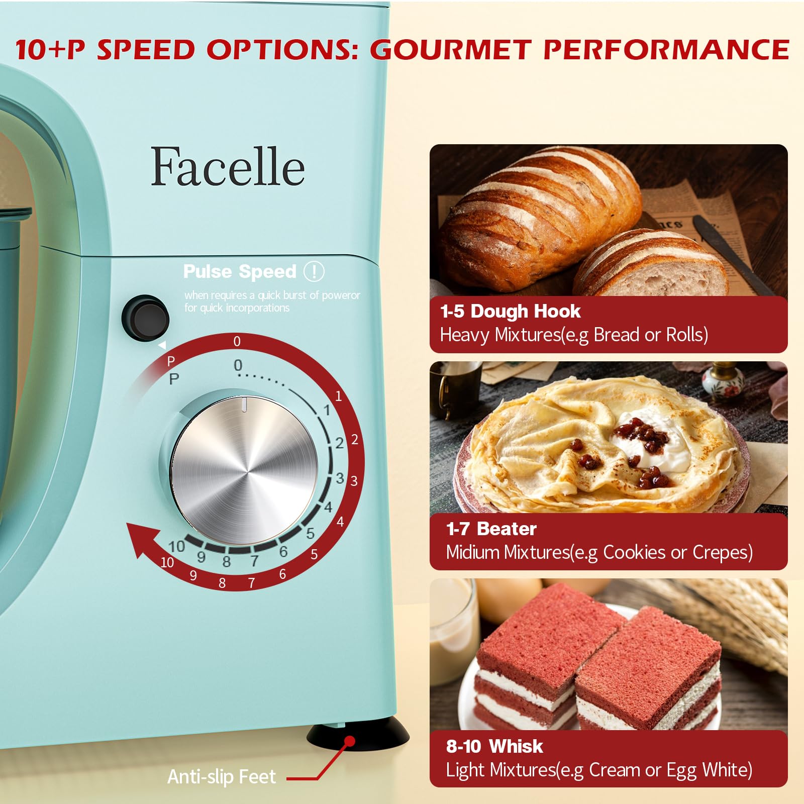 Facelle 5.5Qt Stand Mixer - 10+ Speed Tilt-Head Electric Kitchen Mixer with Stainless Steel Bowl, Dough Hook, Whisk & Beater - Perfect for Baking Cakes, Cookies, Bread & More - Ideal for Home Bakers & Professional Chefs