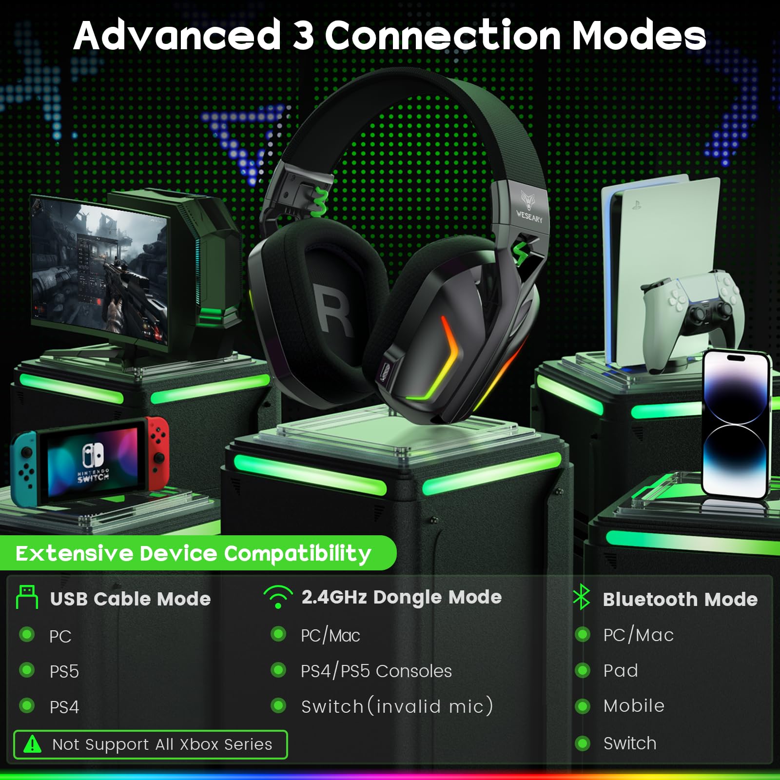WESEARY 7.1 Wireless Gaming Headset with Microphone - Compatible with PS4, PS5, PC, Nintendo Switch & Mac | 2.4GHz Bluetooth Headphones, Crystal Clear Mic, 50H Battery Life, RGB Lighting | Perfect for FPS, RPG & Online Gaming Sessions