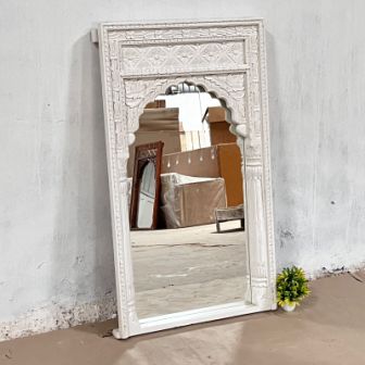 Handmade Indian Wooden Wall Mirror Frame - Intricate Carved Design, White Finish, 70x7x120cm - Perfect for Living Room, Bedroom & Entryway Decor