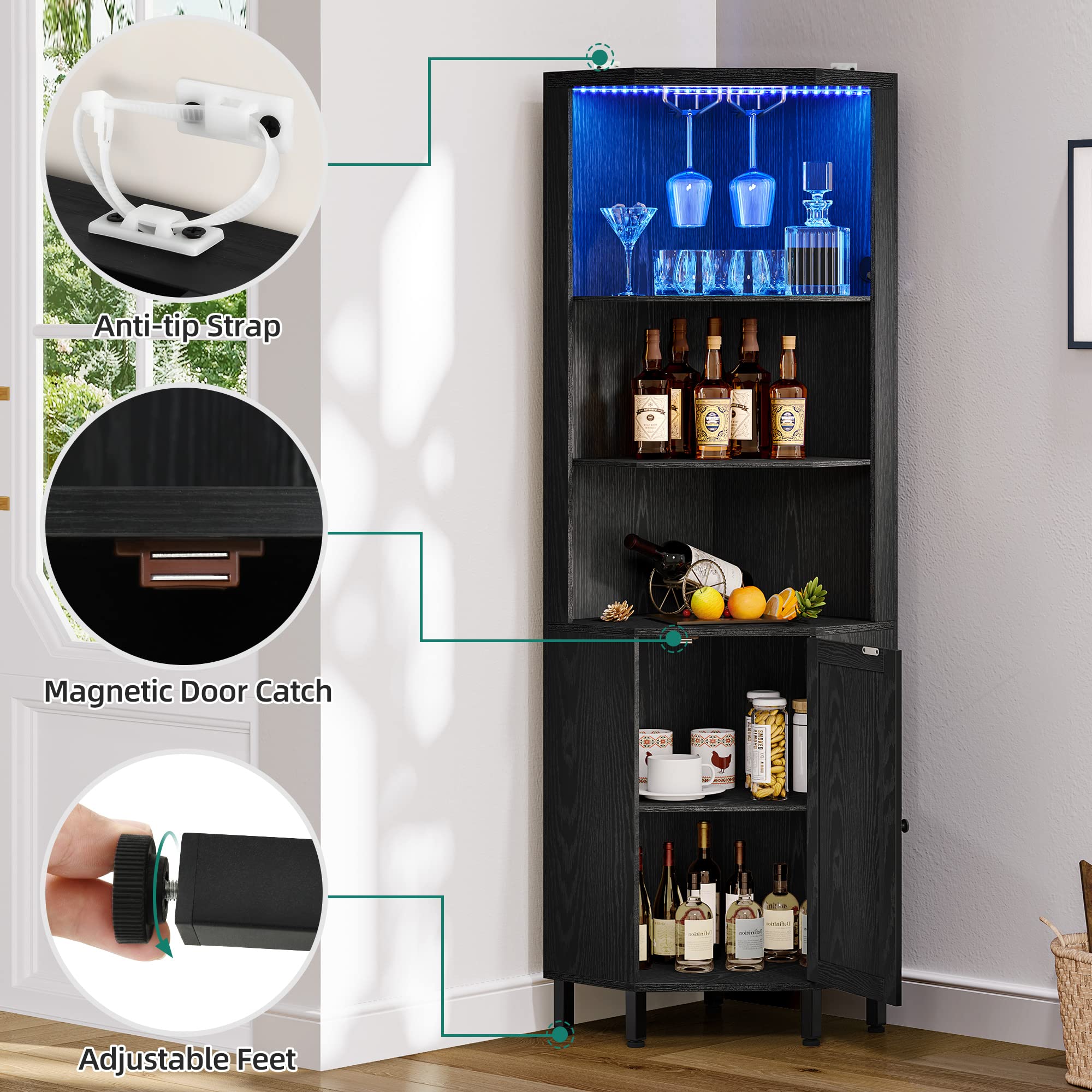 YITAHOME 5-Tier Corner Bar Cabinet with LED Lights & Glass Holder - Wine Rack Storage Shelf for Living Room, Dining Room, Kitchen - Black - Perfect for Home Bars, Entertaining Guests & Displaying Liquor Collections