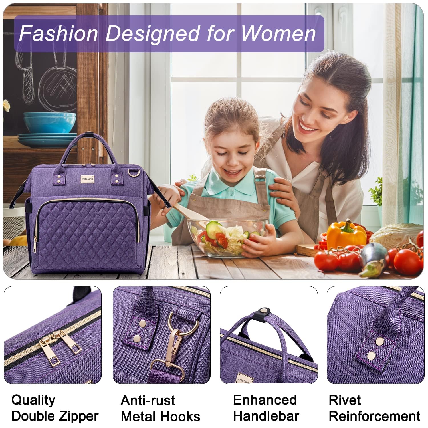 Artelaris Insulated Lunch Bag for Women - Large Leakproof Cooler Tote for Work, Office & School - Reusable Lunch Box & Purse in Purple - Perfect for Meal Prep, Picnics & Daily Commute