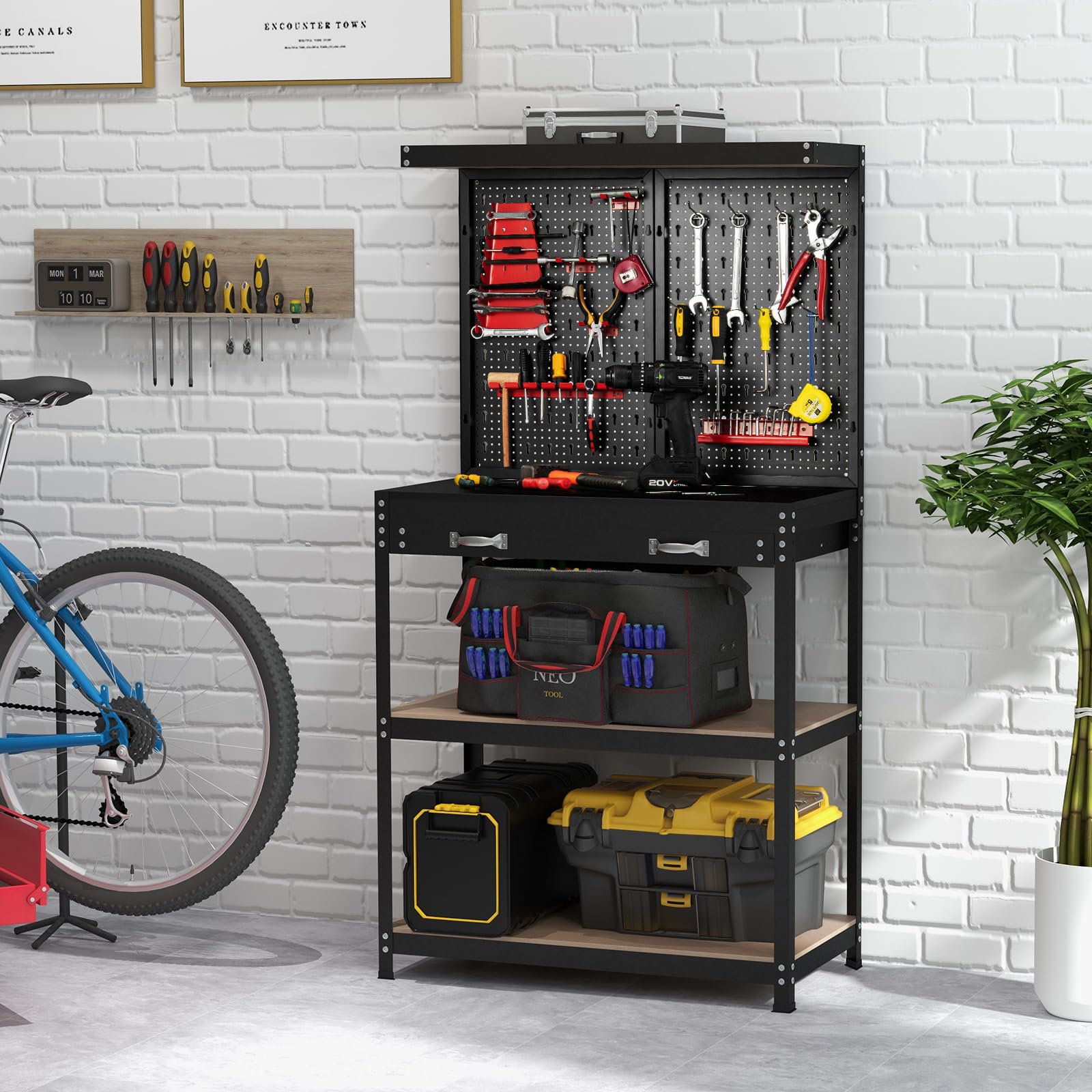 Heavy Duty IRONMAX 32’’ Workbench with Drawers - 14 PC Hanging Kits, 2 Storage Shelves & Long Drawer - Sturdy Workstation Organizer for Garage, Home Workshop, Auto Repair & DIY Projects