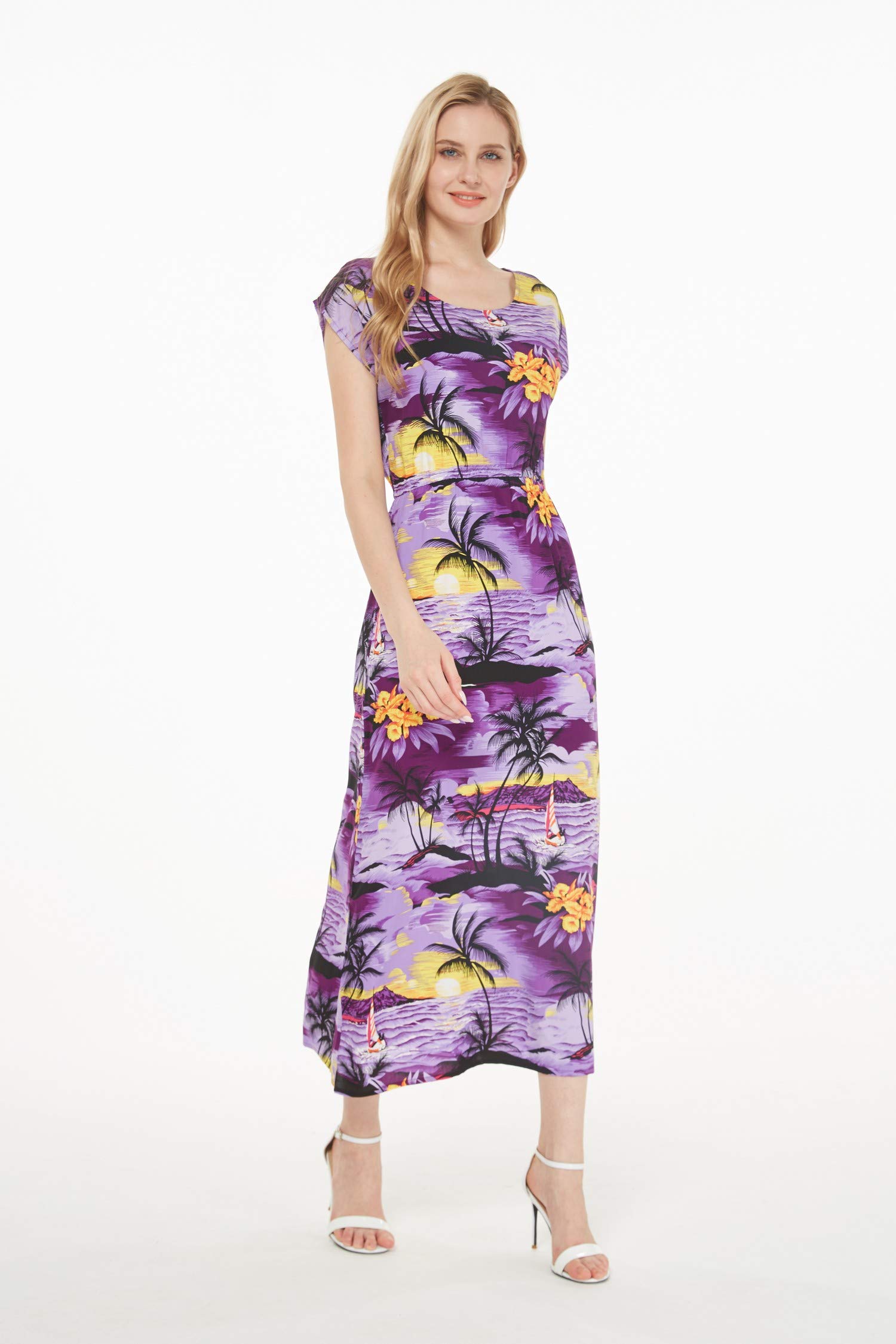 Women's Hawaiian Luau Cap Sleeve Maxi Dress - Floral Print Beach Sunset Dress for Summer Vacation, Pool Party & Tropical Getaway