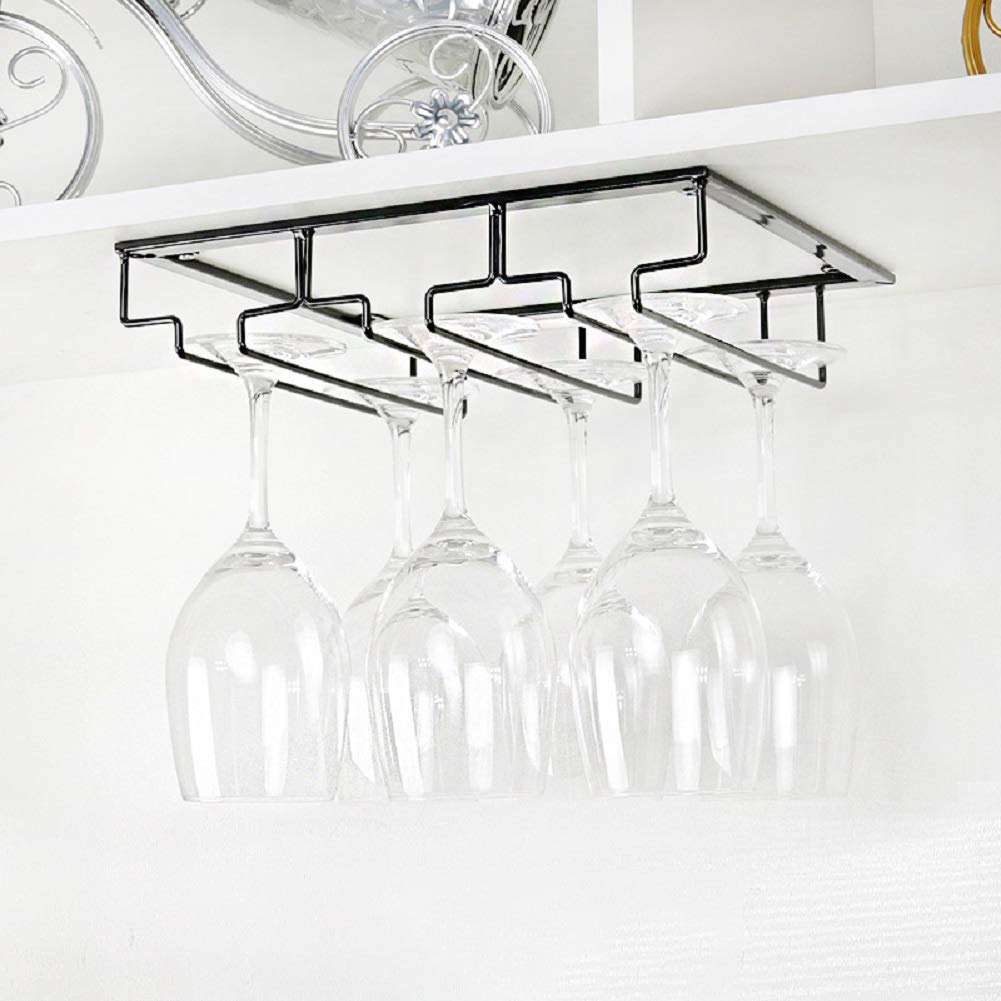 Premium Under Cabinet Wine Glass Rack - Sturdy Metal Stemware Holder & Organizer for Bar, Kitchen - Perfect for Storing Red, White Wine Glasses and Champagne Flutes (Black)