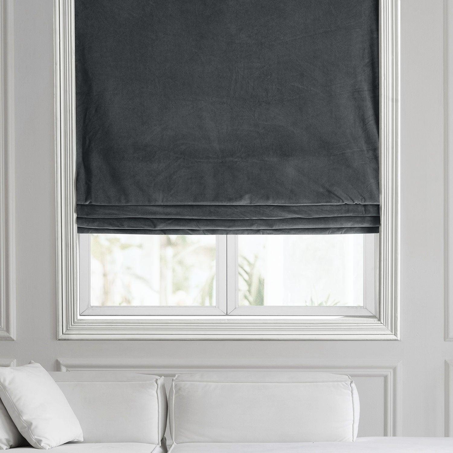 Premium Natural Grey Signature Velvet Roman Shade - Blackout Window Treatment for Bedroom & Living Room - Elegant Home Decor with Light Filtering & Privacy Protection