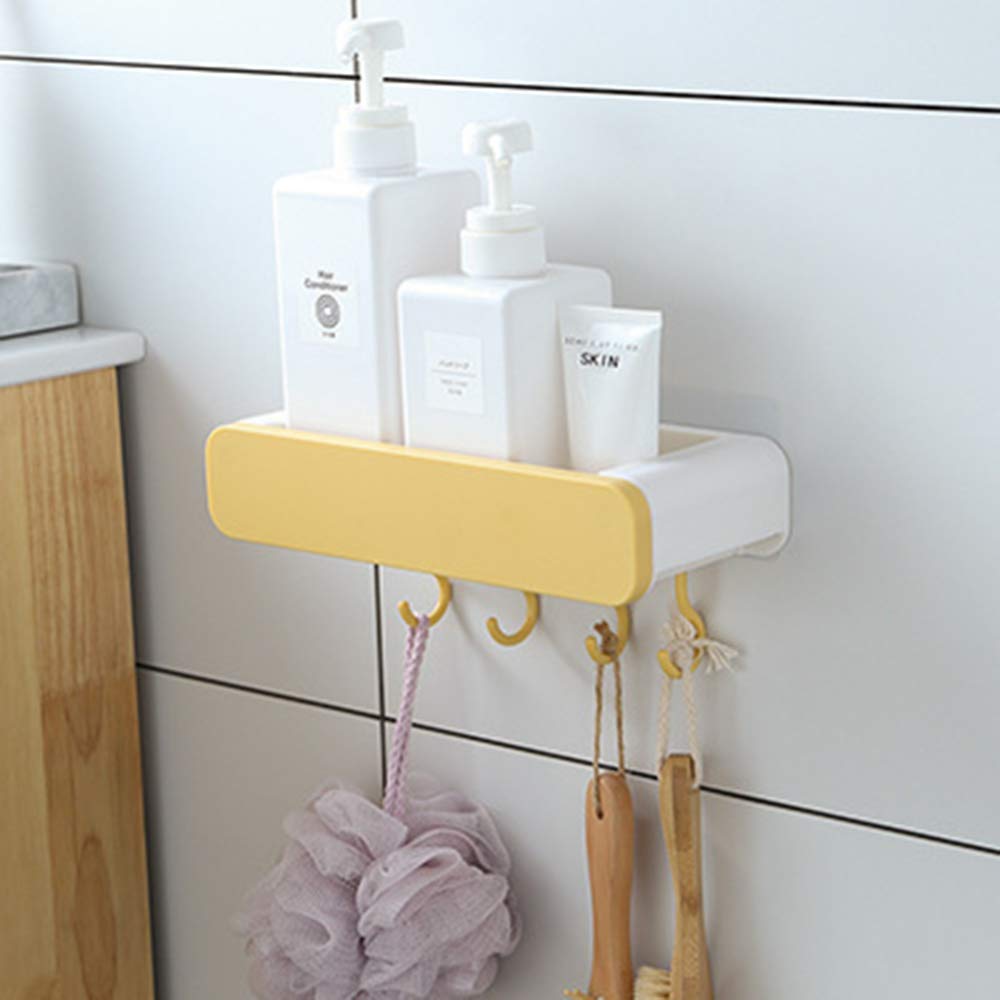 Wall Mounted Kitchen Shelf Rack with 4 Hooks - Spice Jar Organizer & Bathroom Storage Shelf - Space Saving Yellow Hanging Shelf for Seasonings, Toiletries & Small Items - Perfect for Kitchen, Bathroom & Pantry Organization