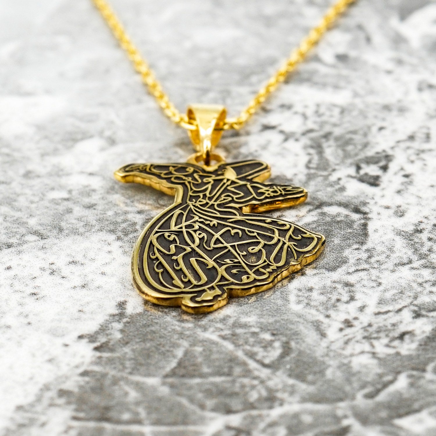 18K Gold Plated Silver Whirling Darwish Islamic Pendant Necklace - Spiritual Muslim Jewelry for Prayer & Special Occasions
