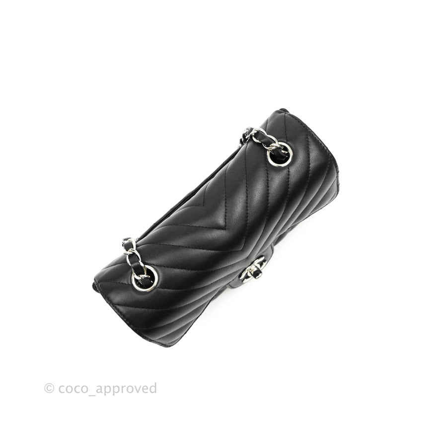 Chanel Chevron Mini Rectangular Flap Bag in Black Lambskin Leather with Silver Hardware - Perfect for Evening Events & Luxury Fashion Accessories
